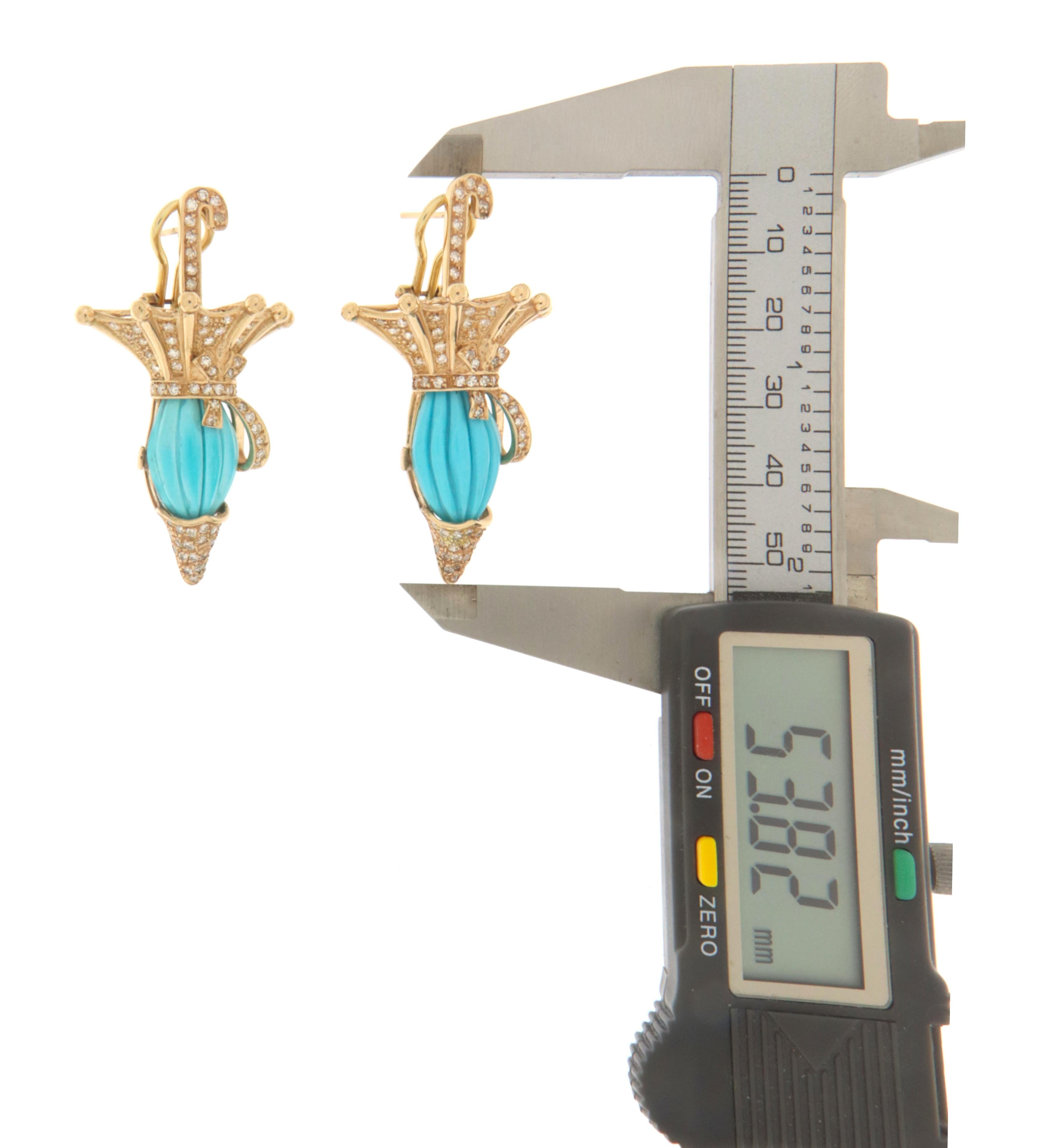 Women's Turquoise Diamonds 18 Karat Yellow Gold Drop Earring For Sale