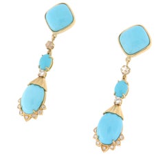 Turquoise Diamonds 18 Karat Yellow Gold Drop Earrings