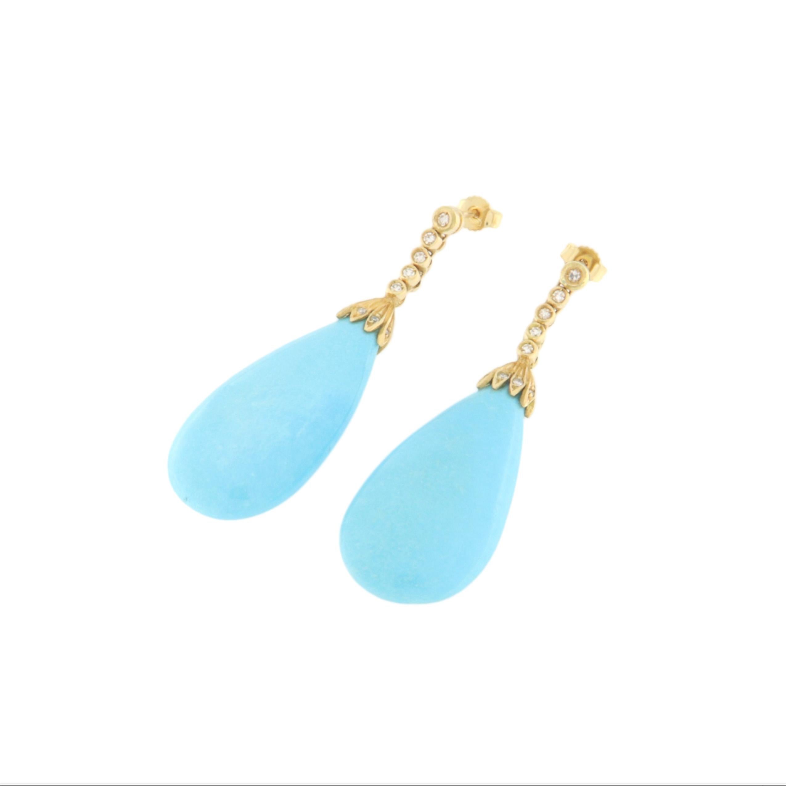 Artisan Turquoise Diamonds 18 Karat Yellow Gold Drop Earrings For Sale