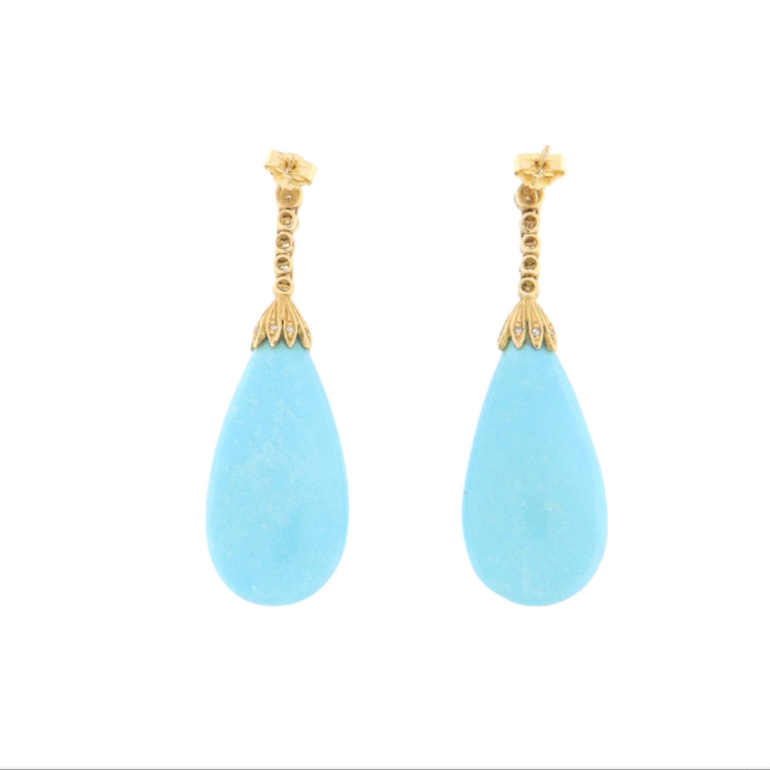 Brilliant Cut Turquoise Diamonds 18 Karat Yellow Gold Drop Earrings For Sale
