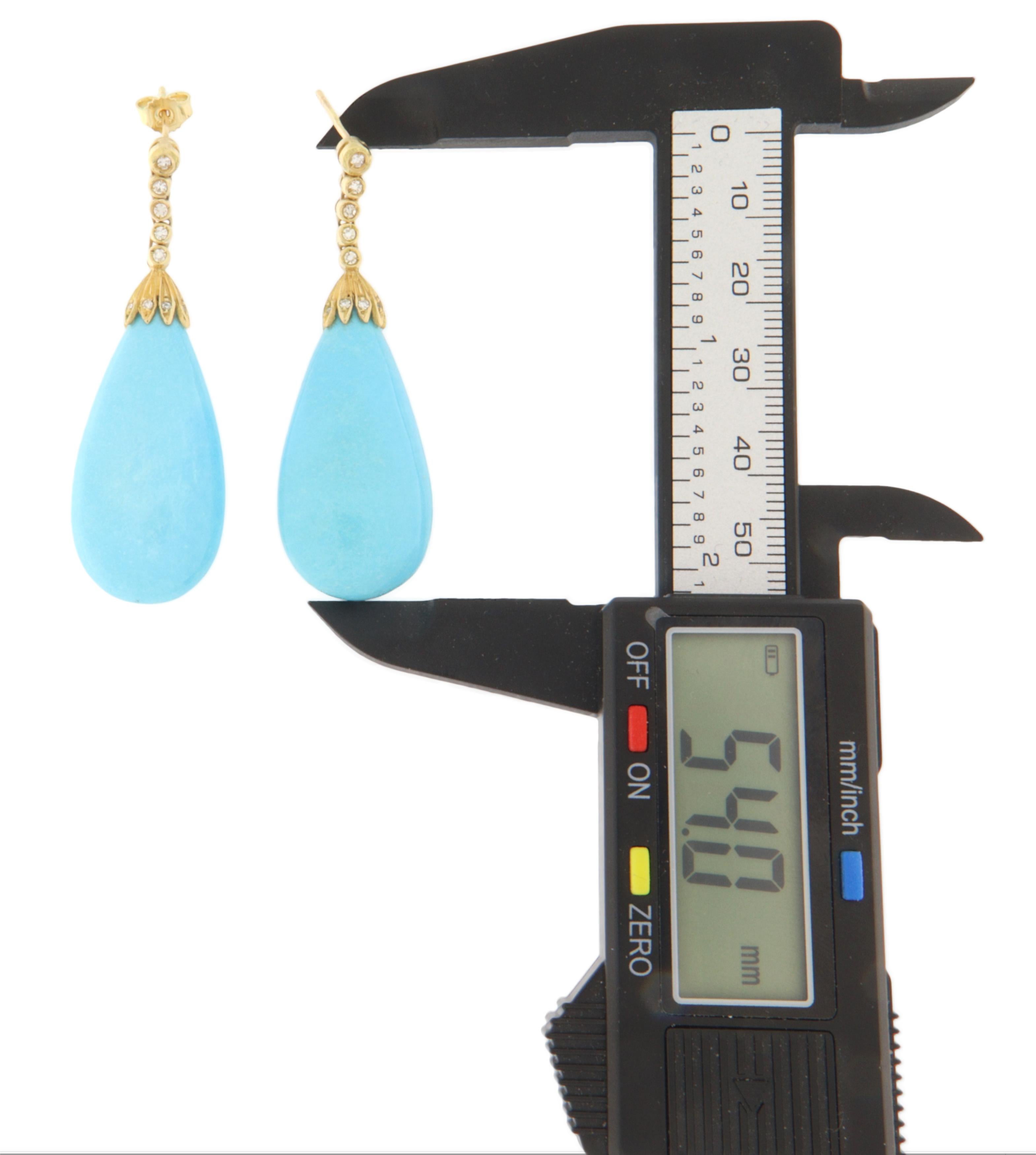 Turquoise Diamonds 18 Karat Yellow Gold Drop Earrings In New Condition For Sale In Marcianise, IT