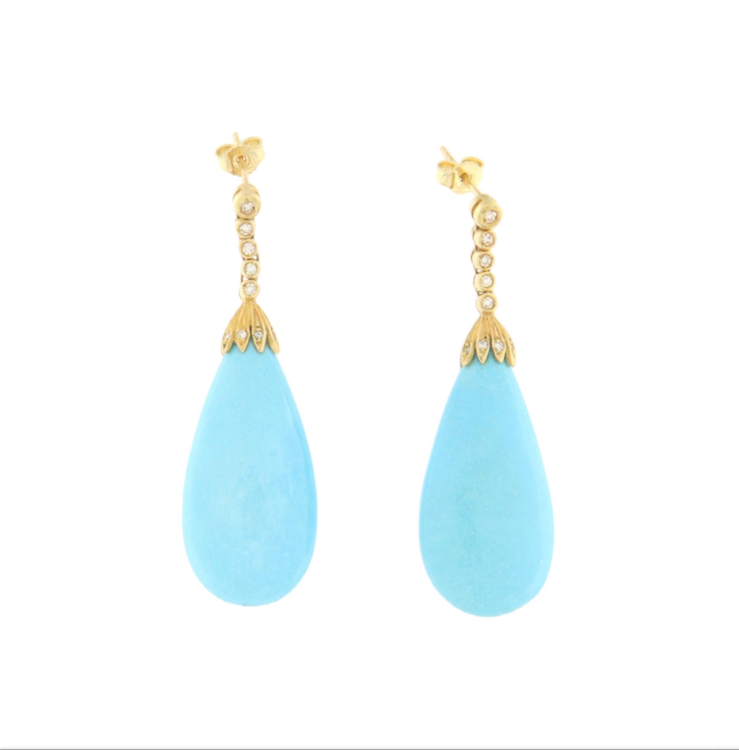 Women's Turquoise Diamonds 18 Karat Yellow Gold Drop Earrings For Sale