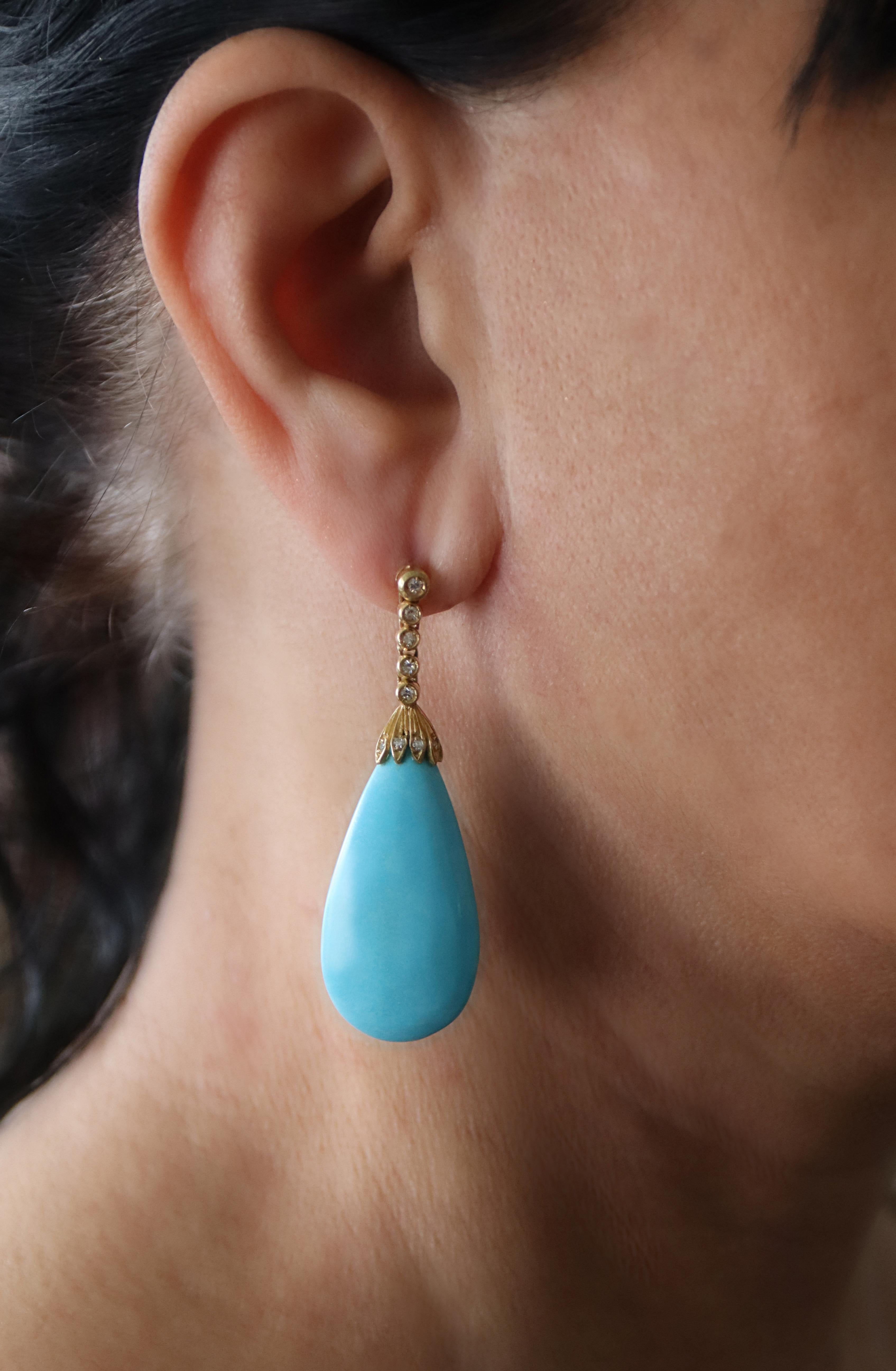 Turquoise Diamonds 18 Karat Yellow Gold Drop Earrings For Sale 2