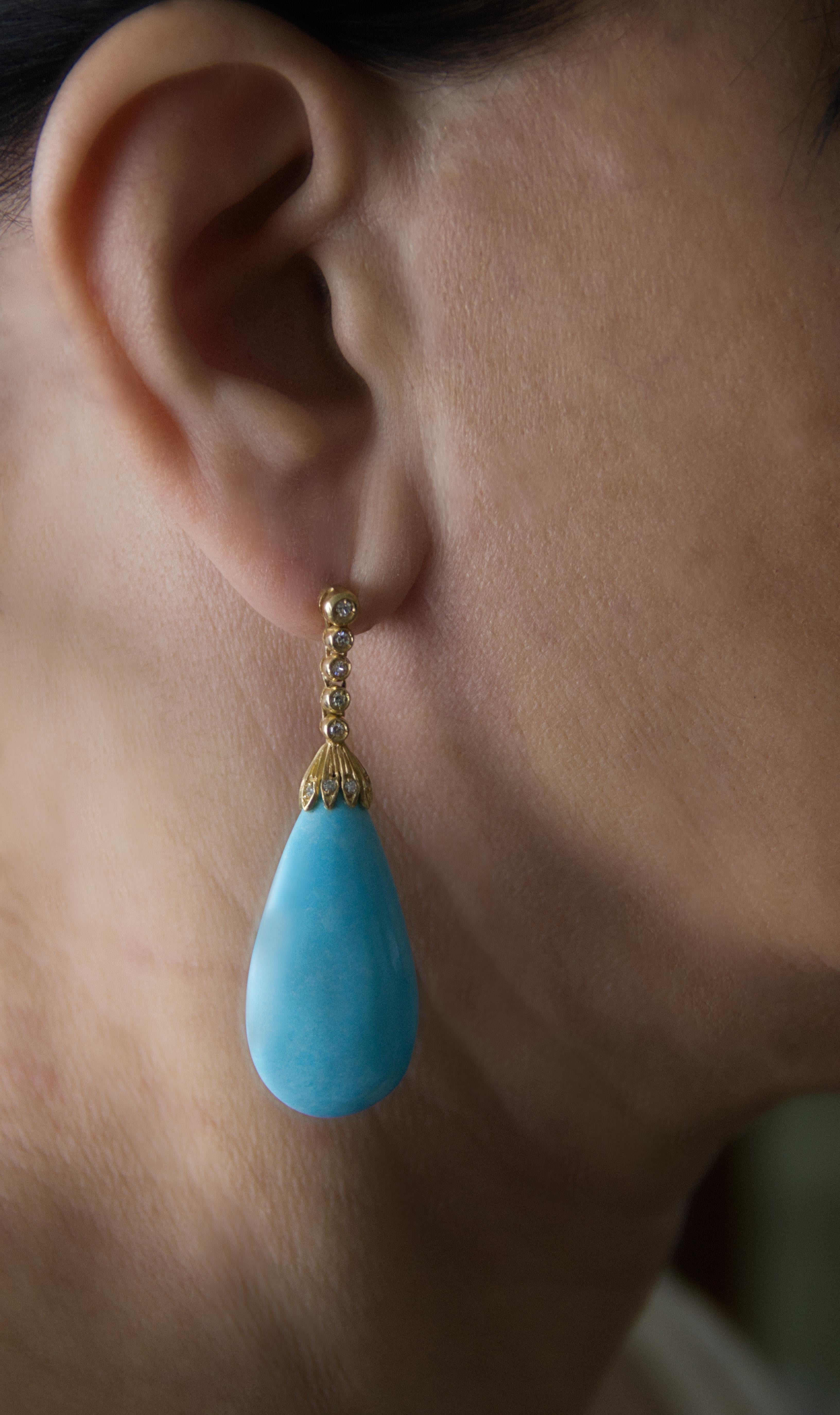 Turquoise Diamonds 18 Karat Yellow Gold Drop Earrings For Sale 3