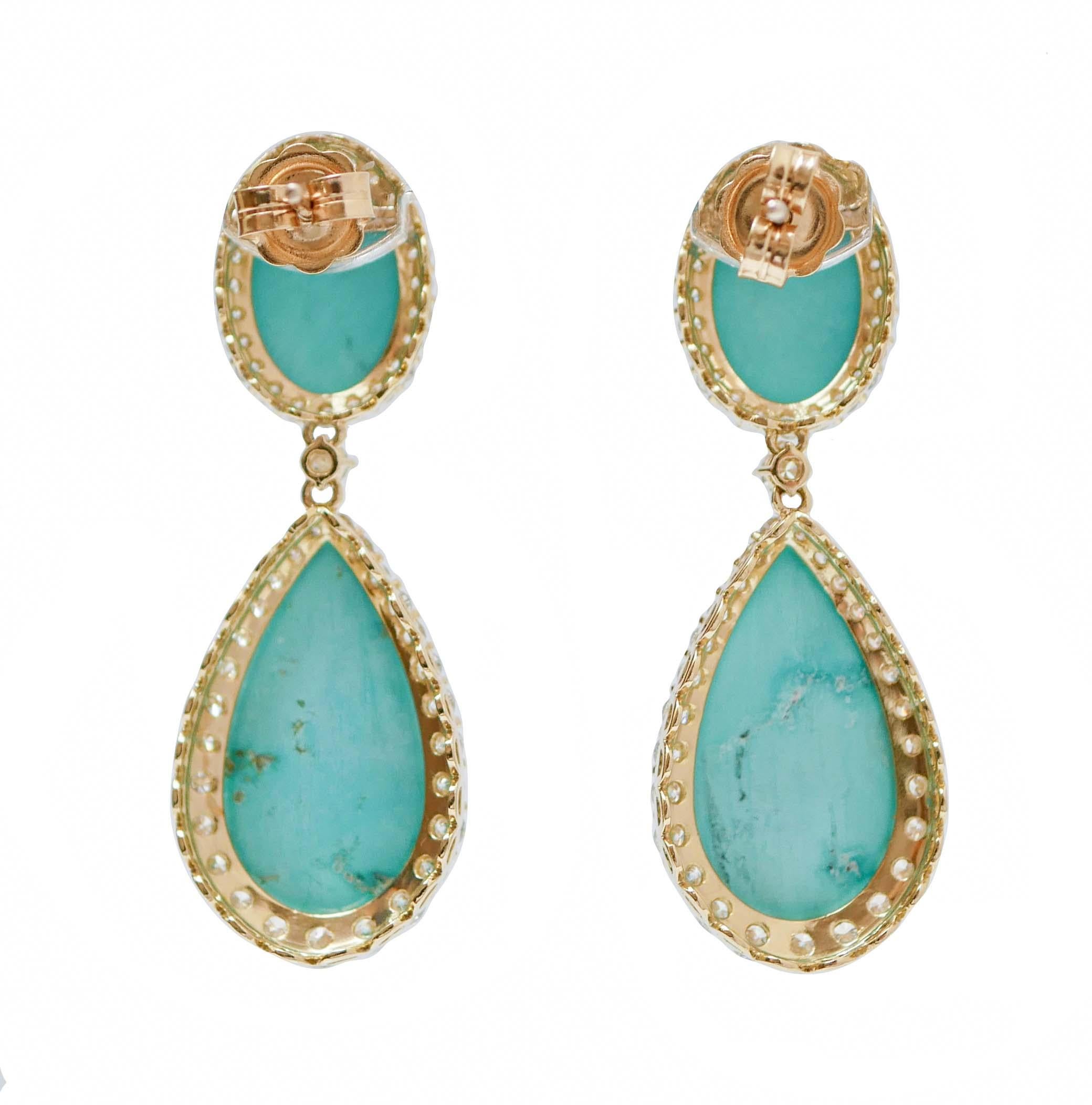 Retro Turquoise, Diamonds, 18 Karat Yellow Gold Earrings. For Sale