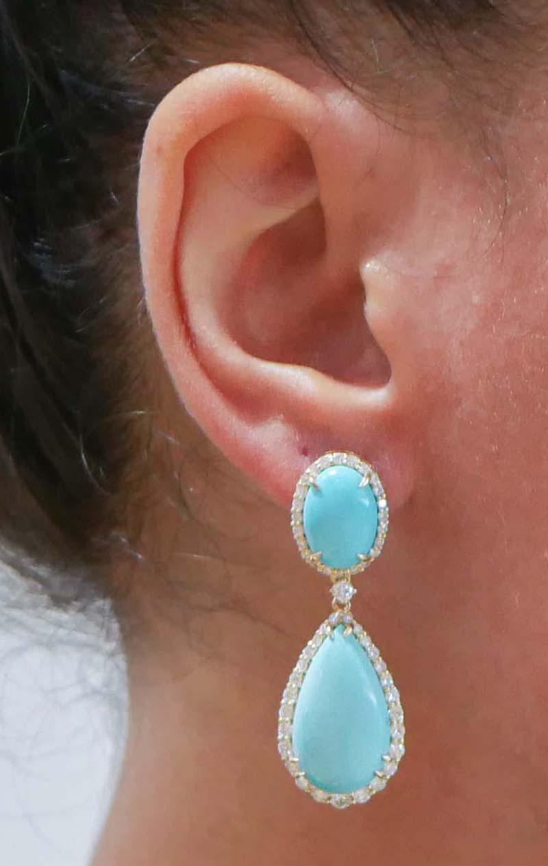 Turquoise, Diamonds, 18 Karat Yellow Gold Earrings. In Good Condition For Sale In Marcianise, Marcianise (CE)