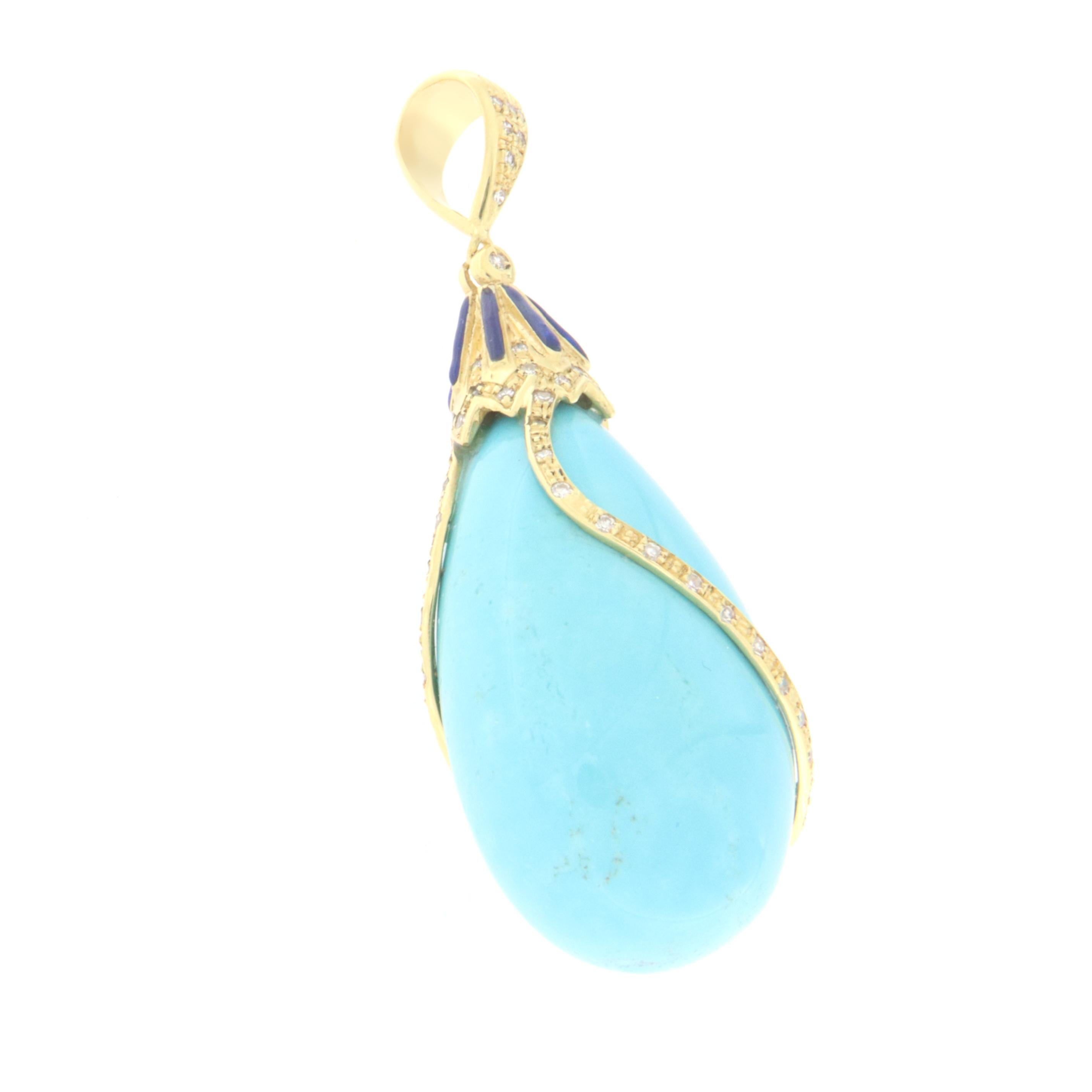 Turquoise Diamonds 18 Karat Yellow Gold Pendant Necklace In New Condition For Sale In Marcianise, IT