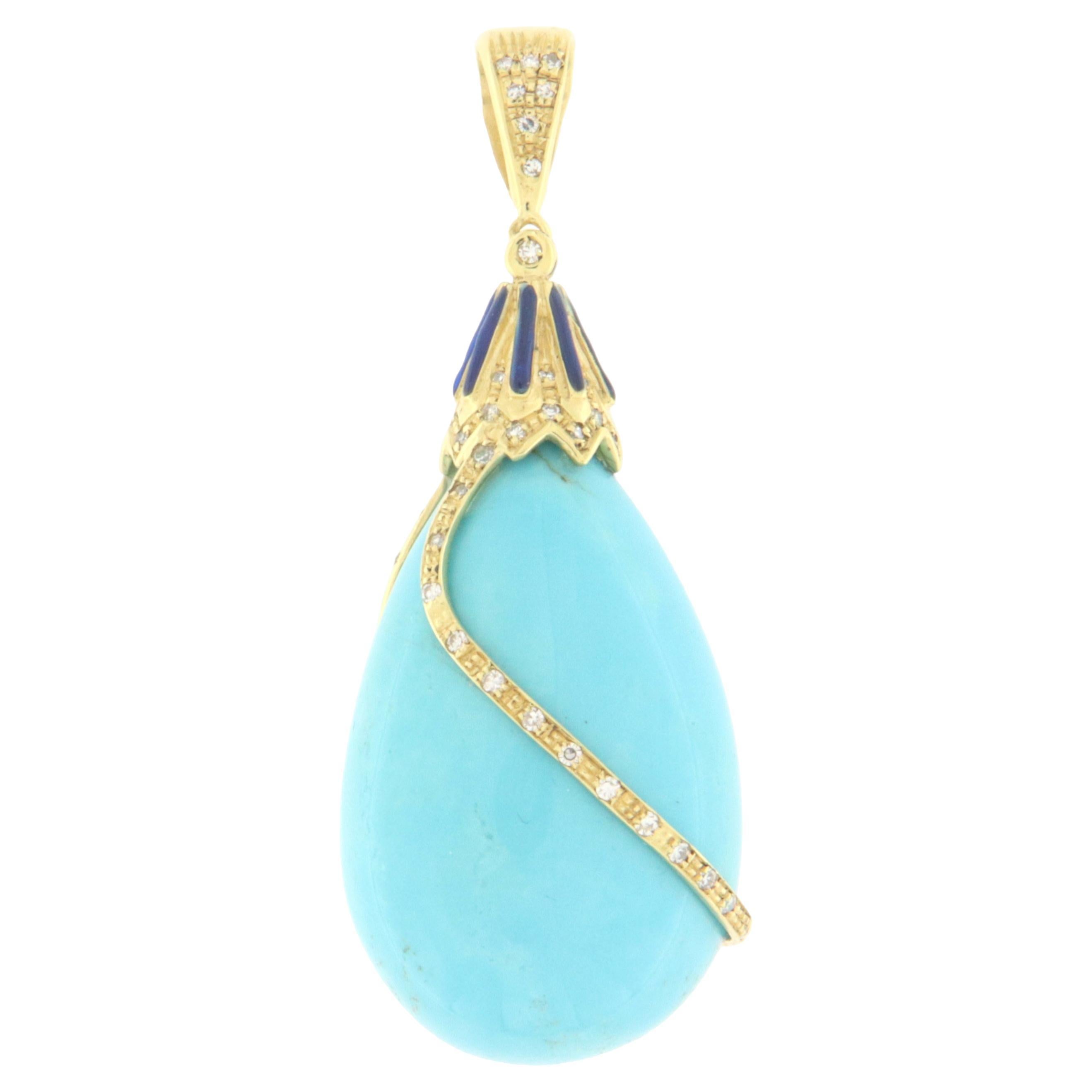 Turquoise Diamonds 18 Karat Yellow Gold Pendant Necklace For Sale
