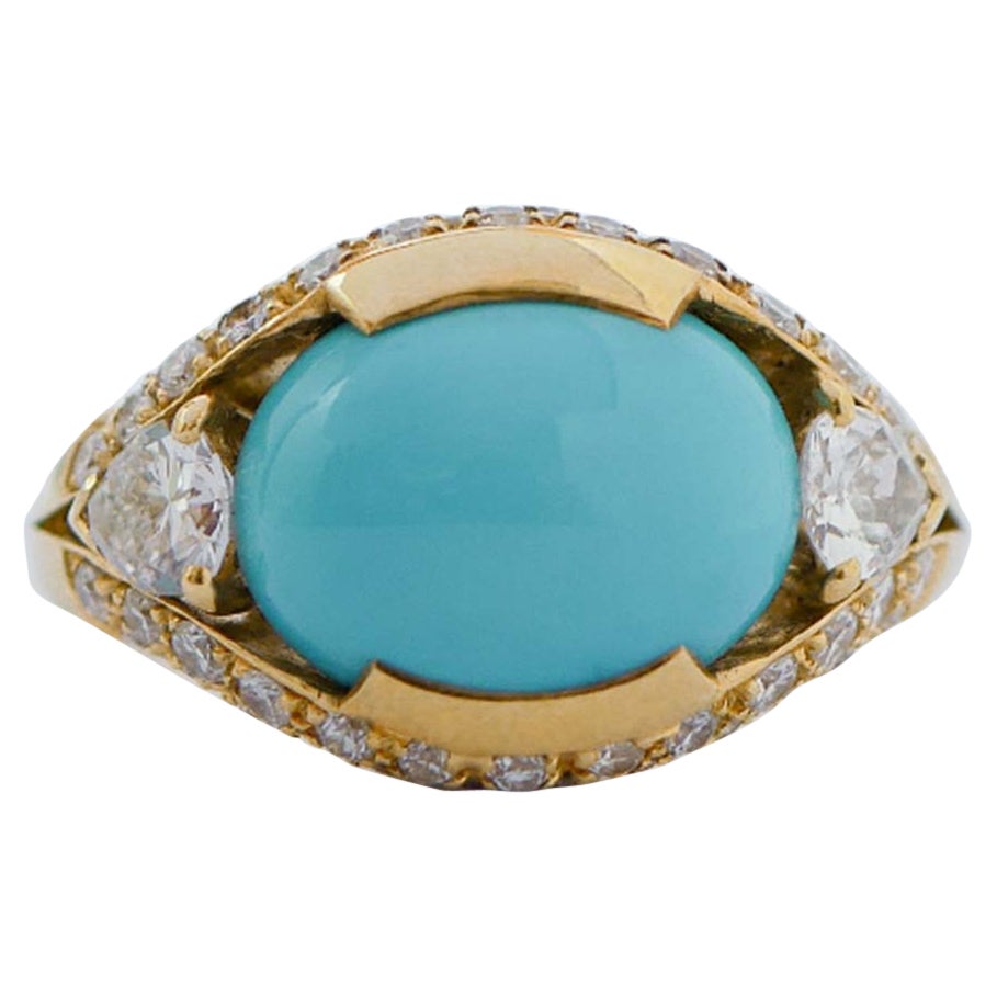 Anello con turchese, diamanti e oro giallo 18 carati. in vendita