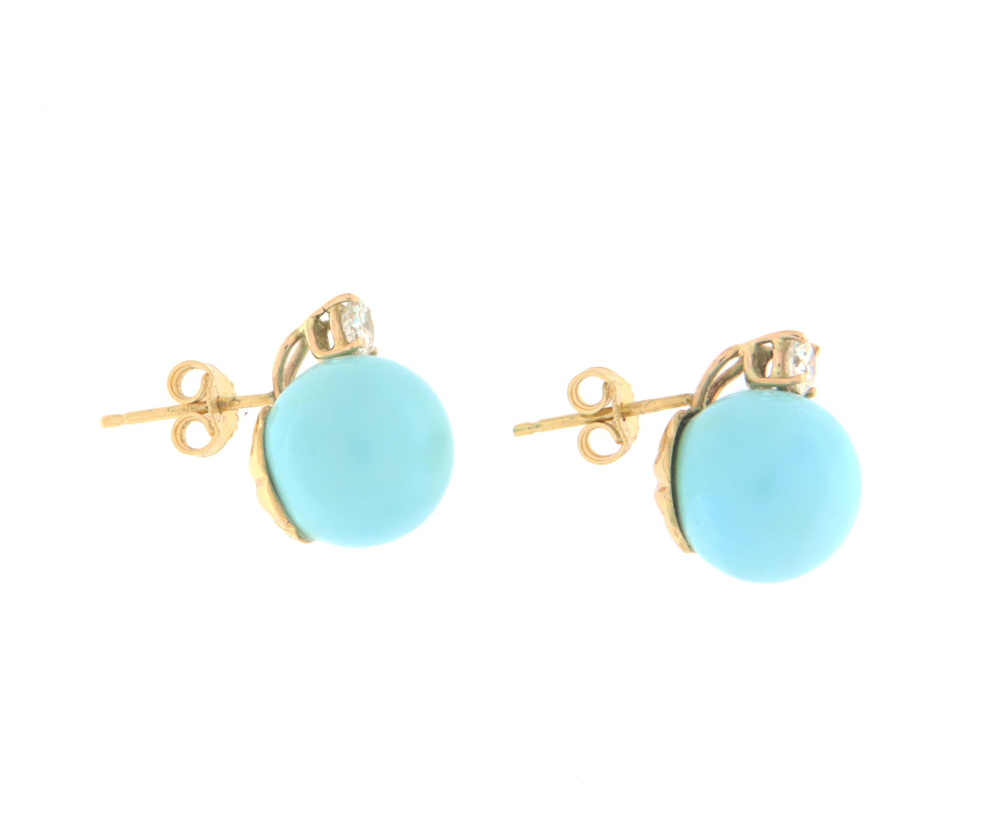 Artisan Turquoise Diamonds 18 Karat Yellow Gold Stud Earrings For Sale
