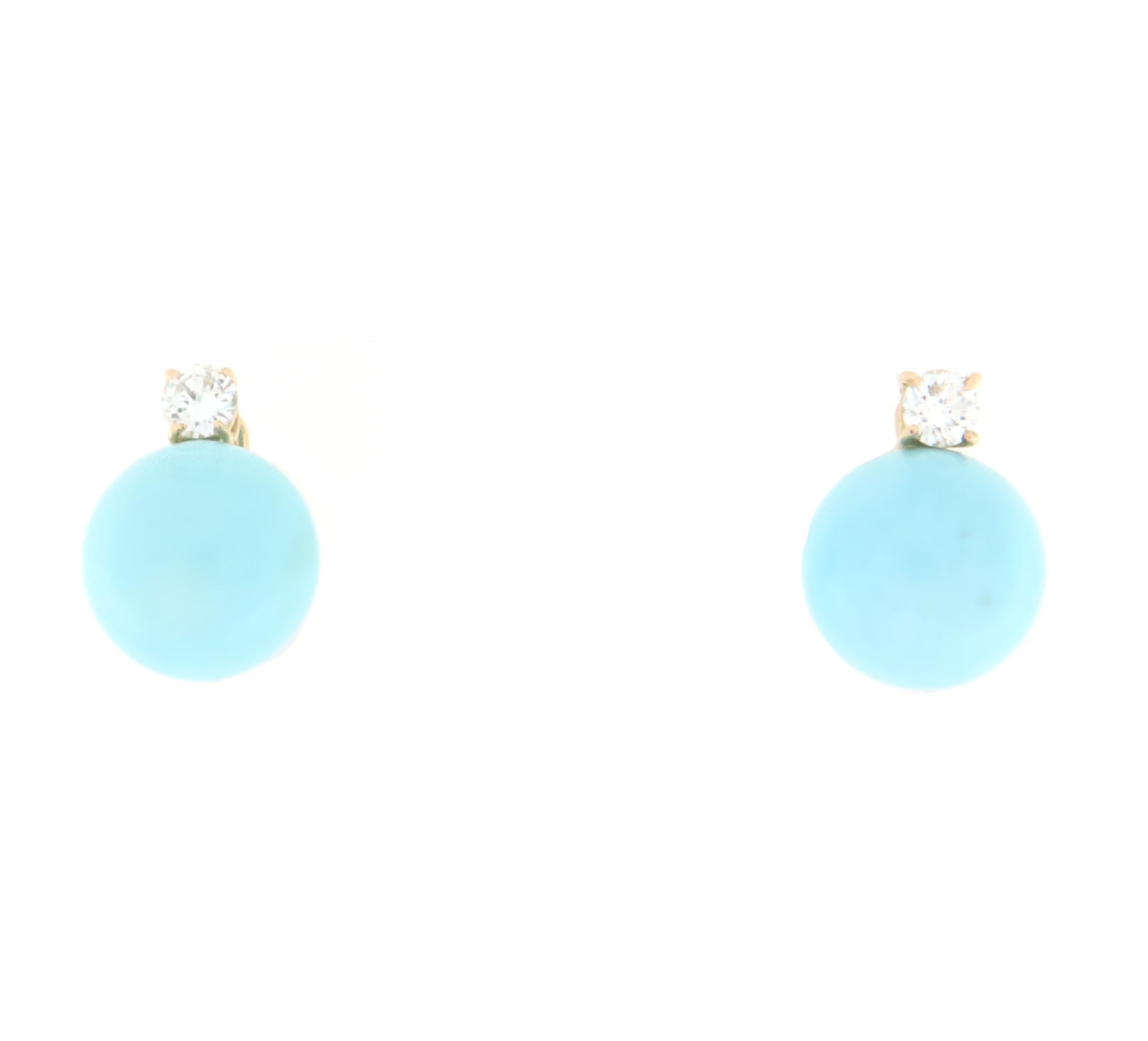 Women's Turquoise Diamonds 18 Karat Yellow Gold Stud Earrings For Sale