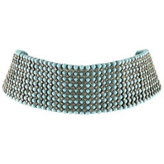 Turquoise, Diamonds, 9 Karat Rose Gold and Silver Beaded Choker Necklace