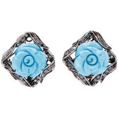 Turquoise, Diamonds, 9 Karat Rose Gold and Silver Stud Earrings