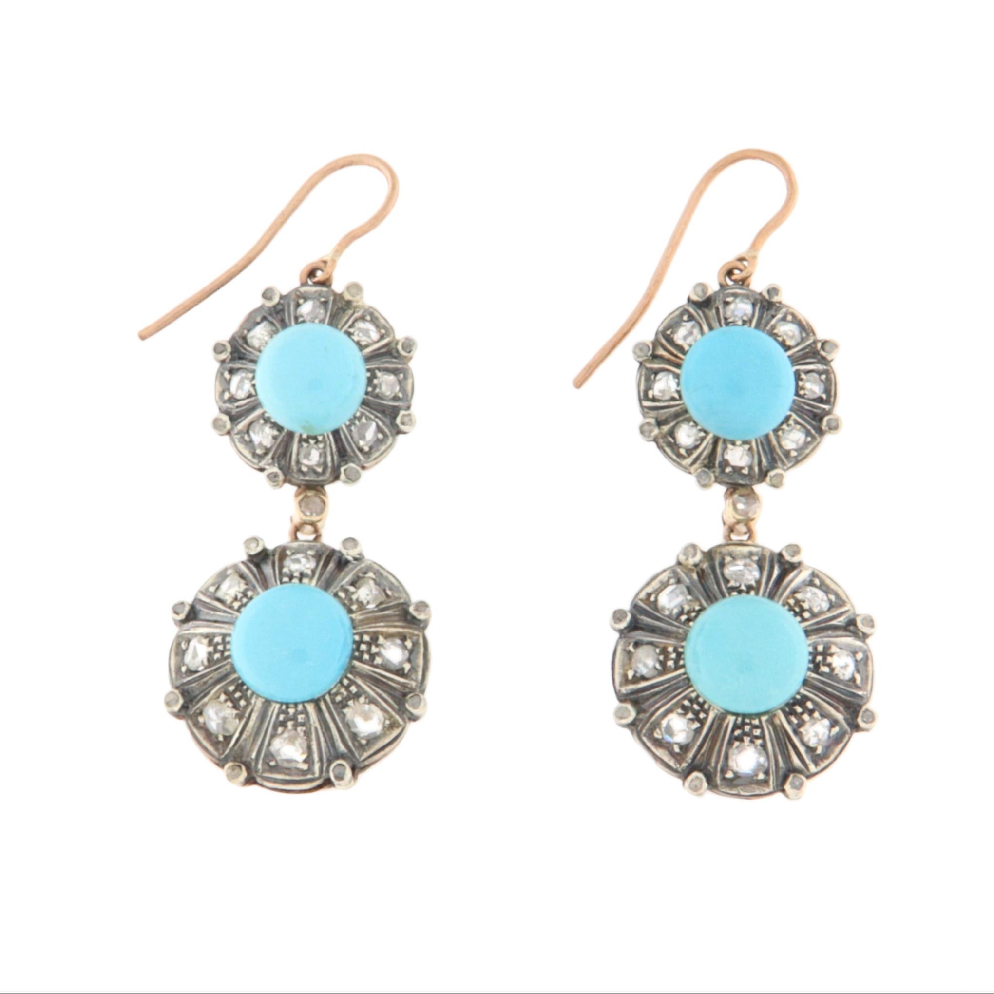 Donna Orecchini a goccia con diamanti turchesi in oro giallo 9 Kt e argento in vendita
