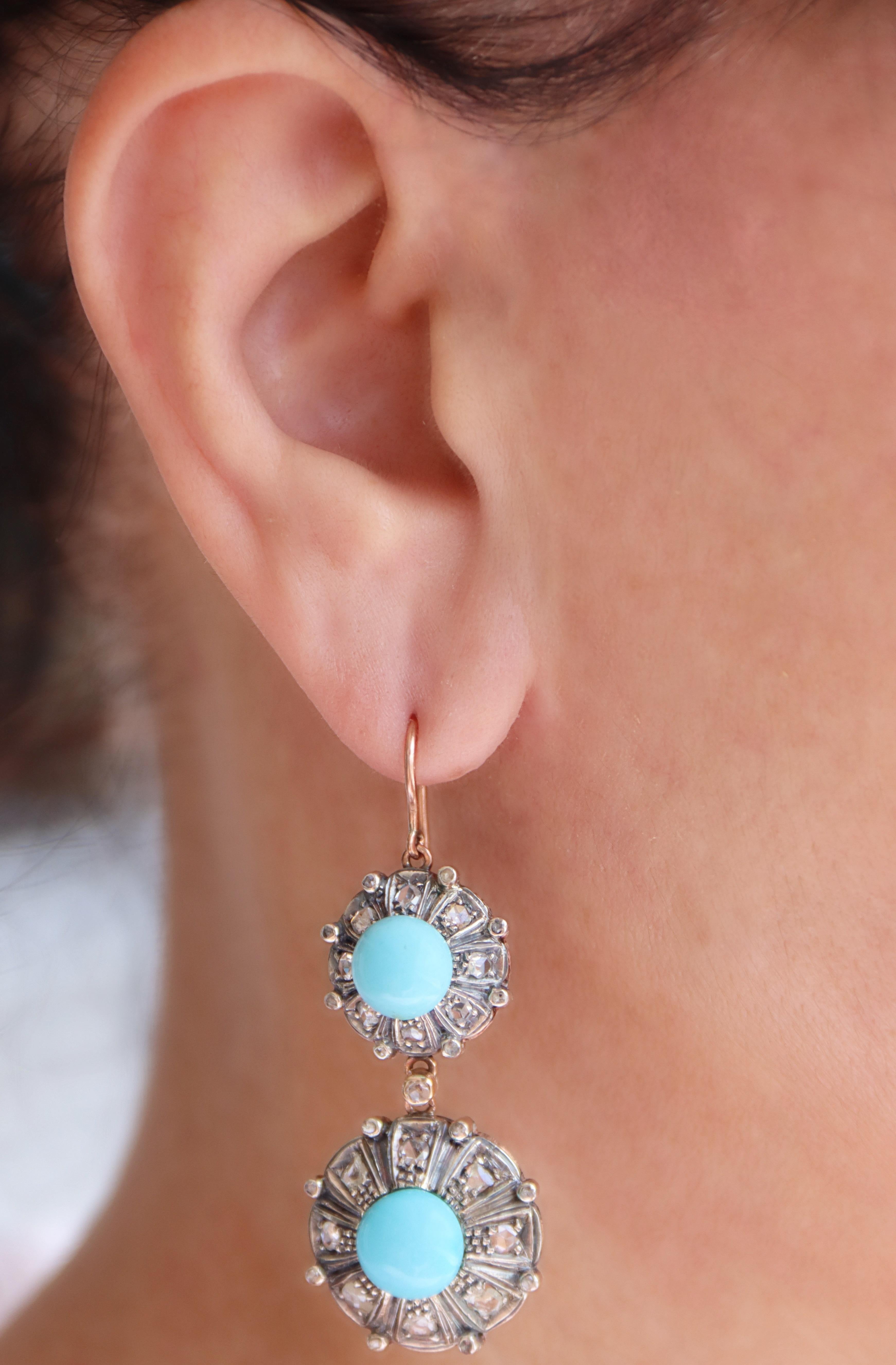 Orecchini a goccia con diamanti turchesi in oro giallo 9 Kt e argento in vendita 2