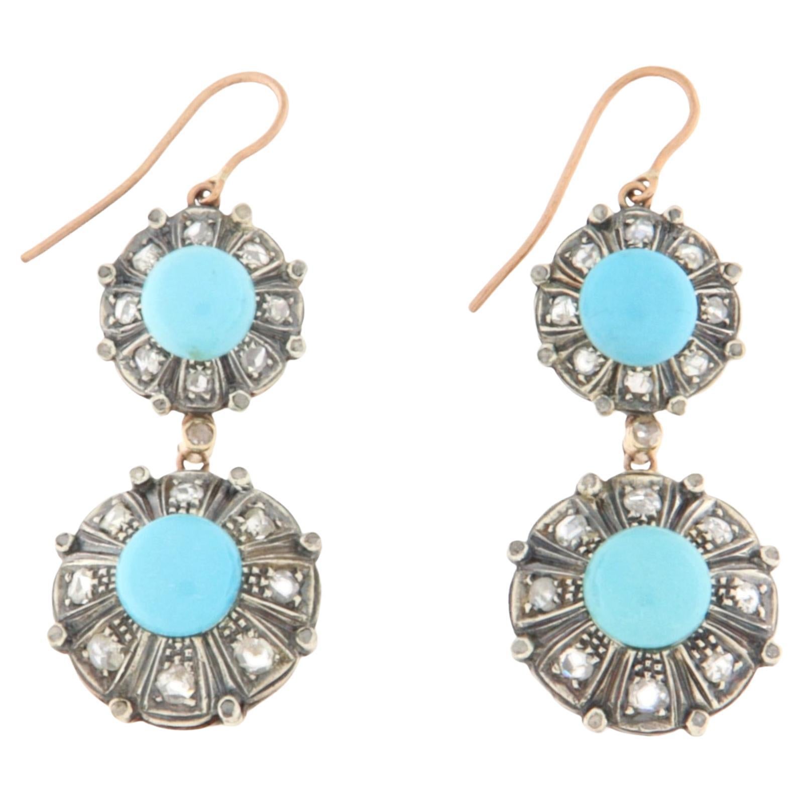 Orecchini a goccia con diamanti turchesi in oro giallo 9 Kt e argento