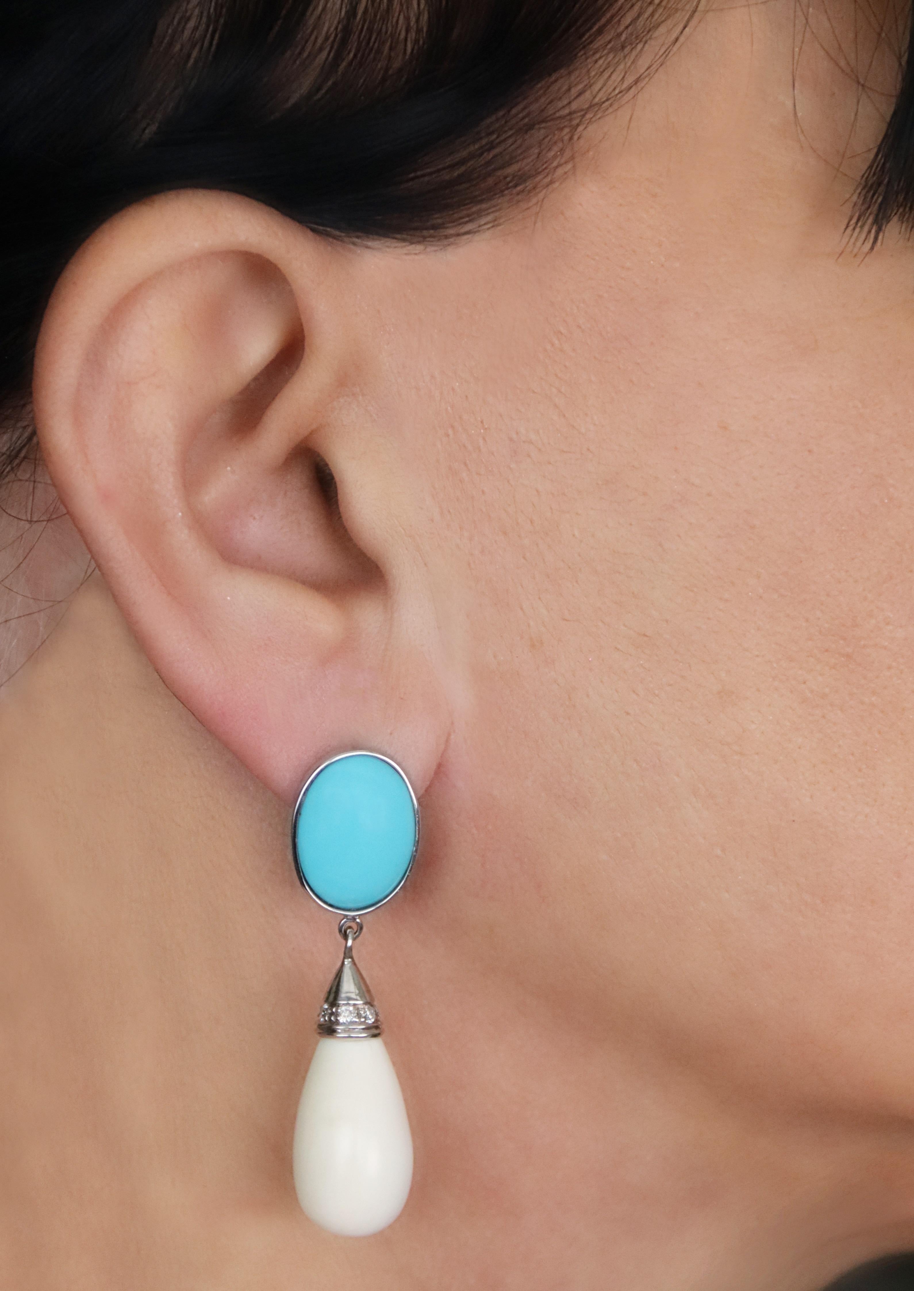 Turquoise Diamonds Agate 18 Karat White Gold Drop Earrings For Sale 5