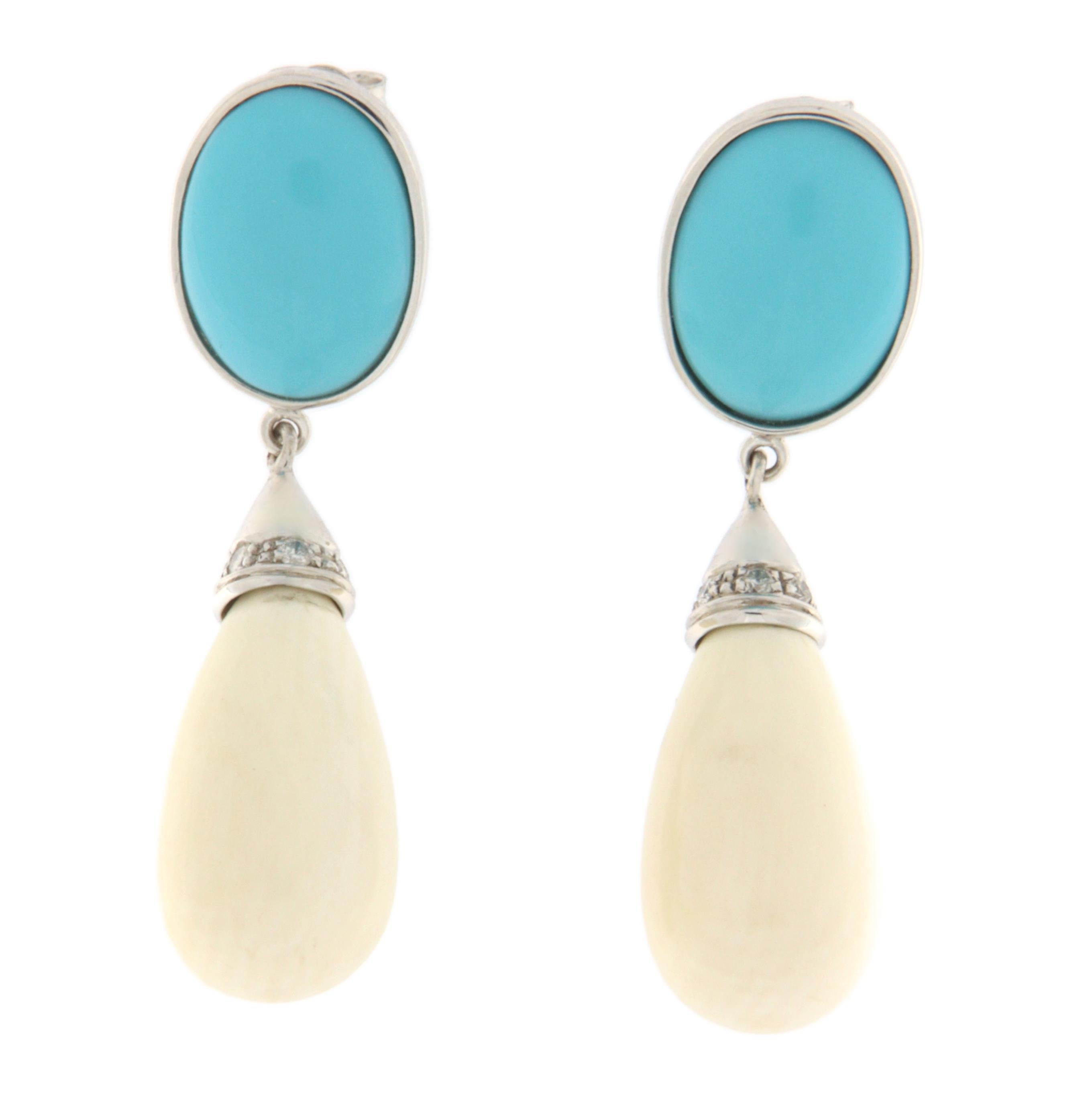 Brilliant Cut Turquoise Diamonds Agate 18 Karat White Gold Drop Earrings For Sale