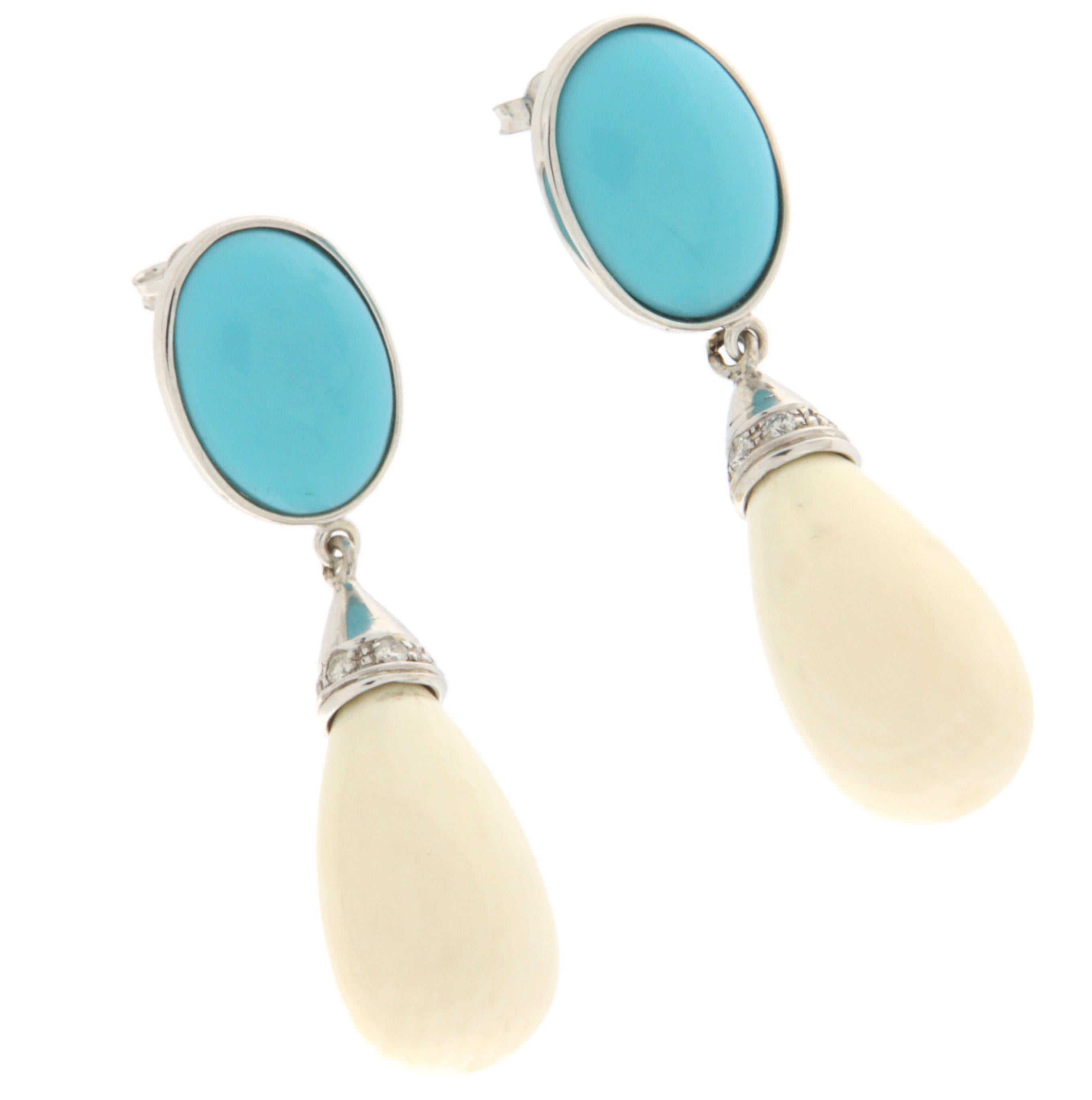 Turquoise Diamonds Agate 18 Karat White Gold Drop Earrings In New Condition For Sale In Marcianise, IT