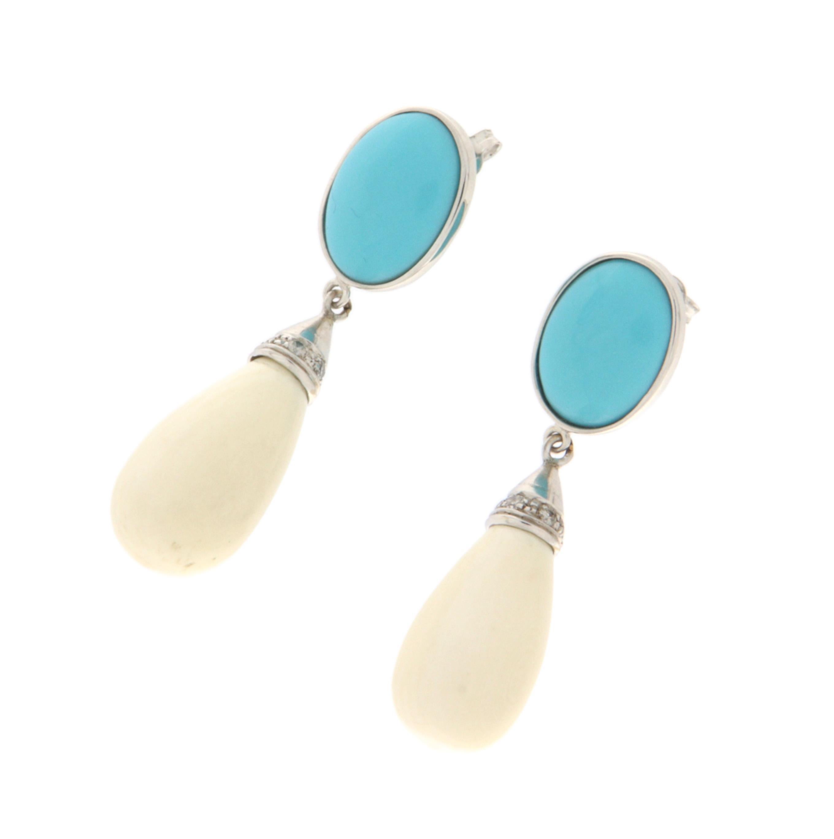 Women's Turquoise Diamonds Agate 18 Karat White Gold Drop Earrings For Sale