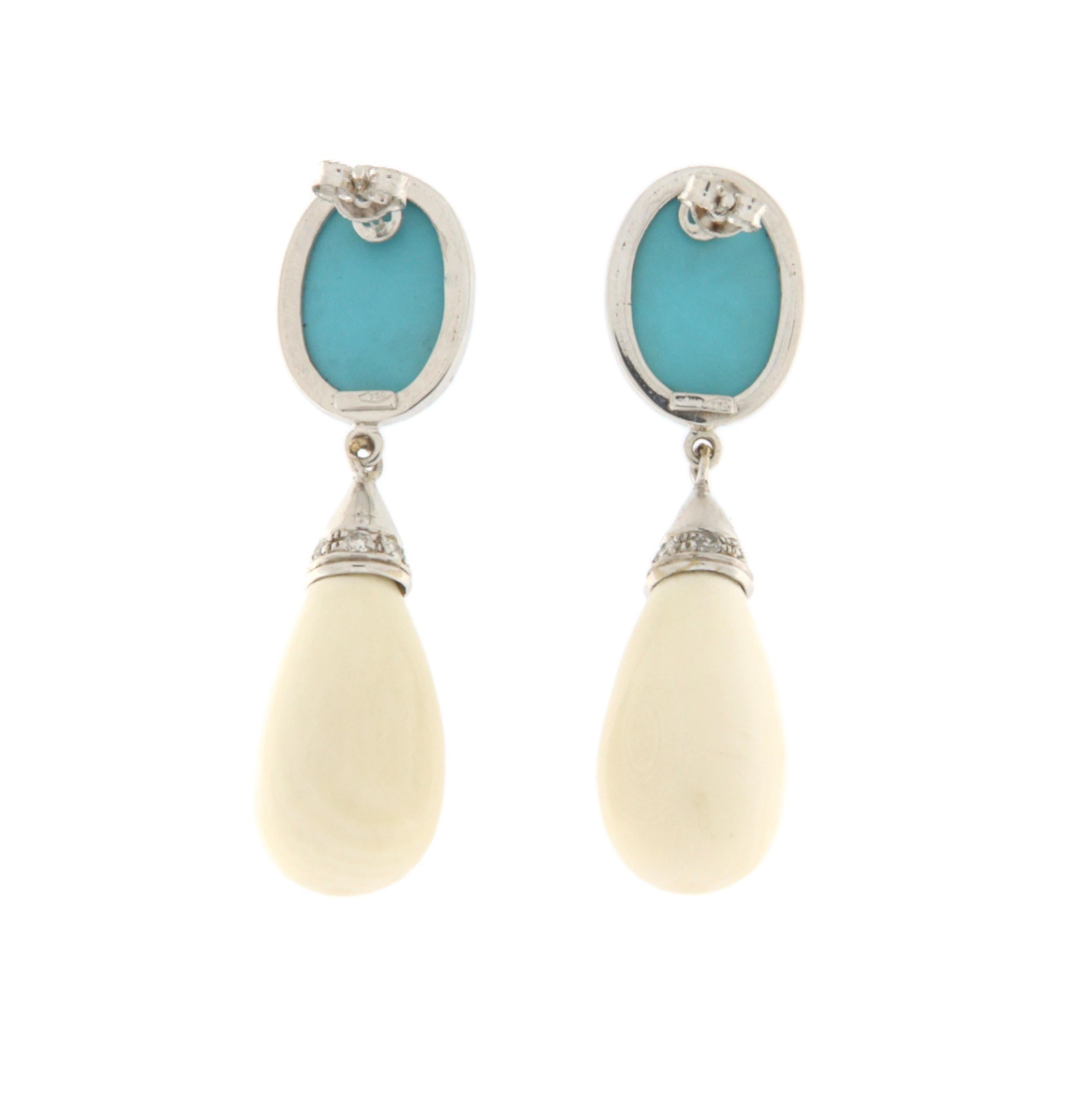 Turquoise Diamonds Agate 18 Karat White Gold Drop Earrings For Sale 1