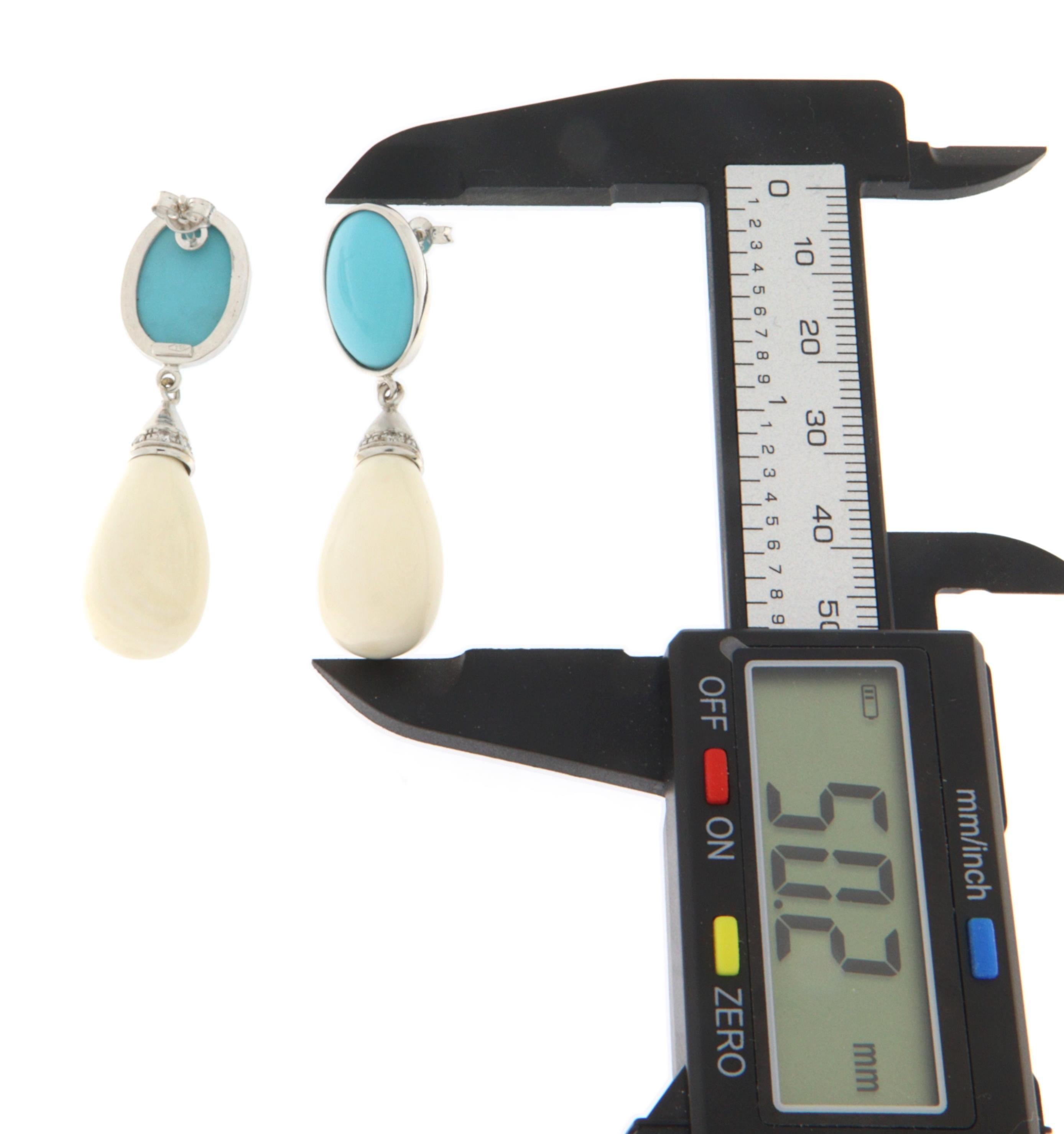 Turquoise Diamonds Agate 18 Karat White Gold Drop Earrings For Sale 2