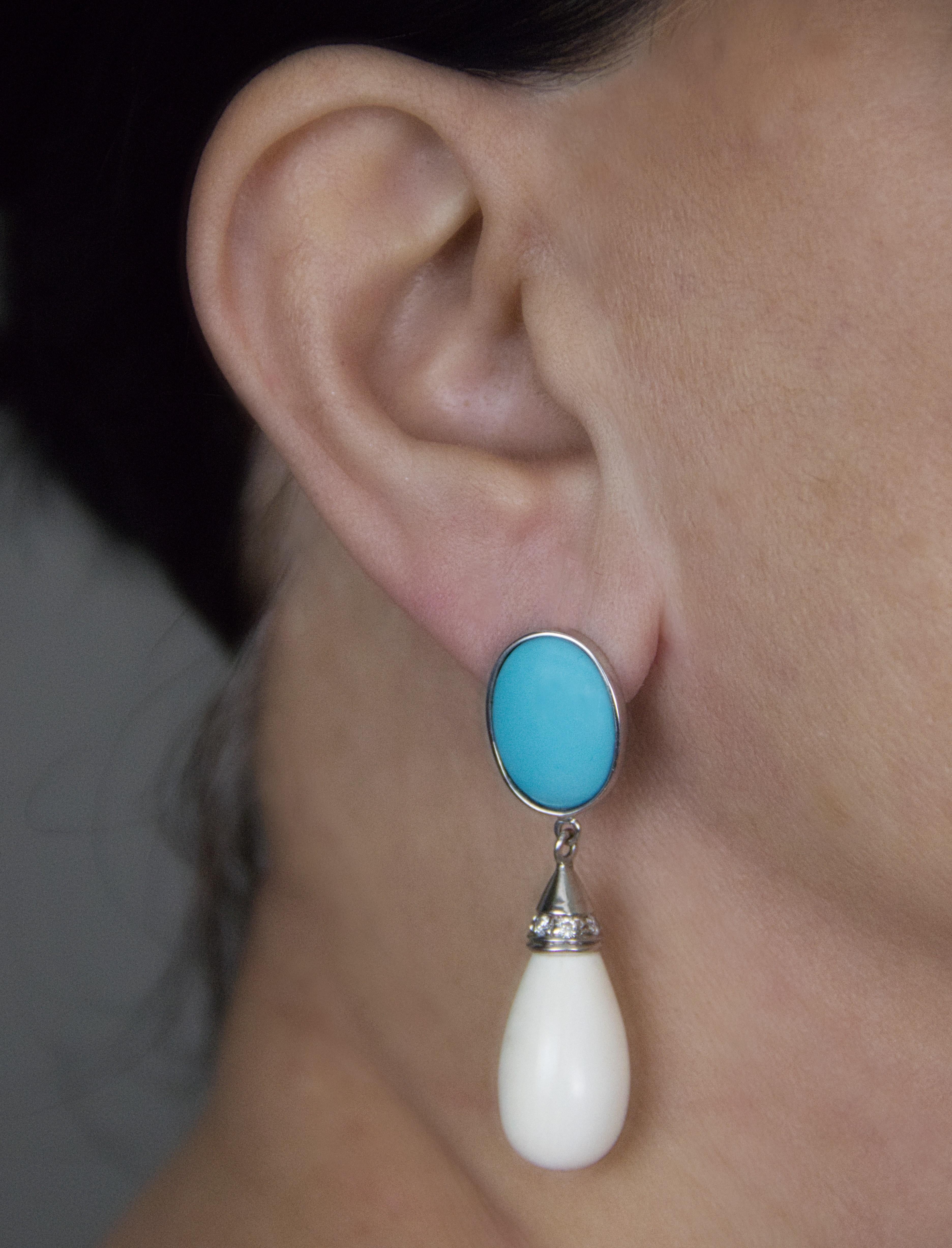 Turquoise Diamonds Agate 18 Karat White Gold Drop Earrings For Sale 3