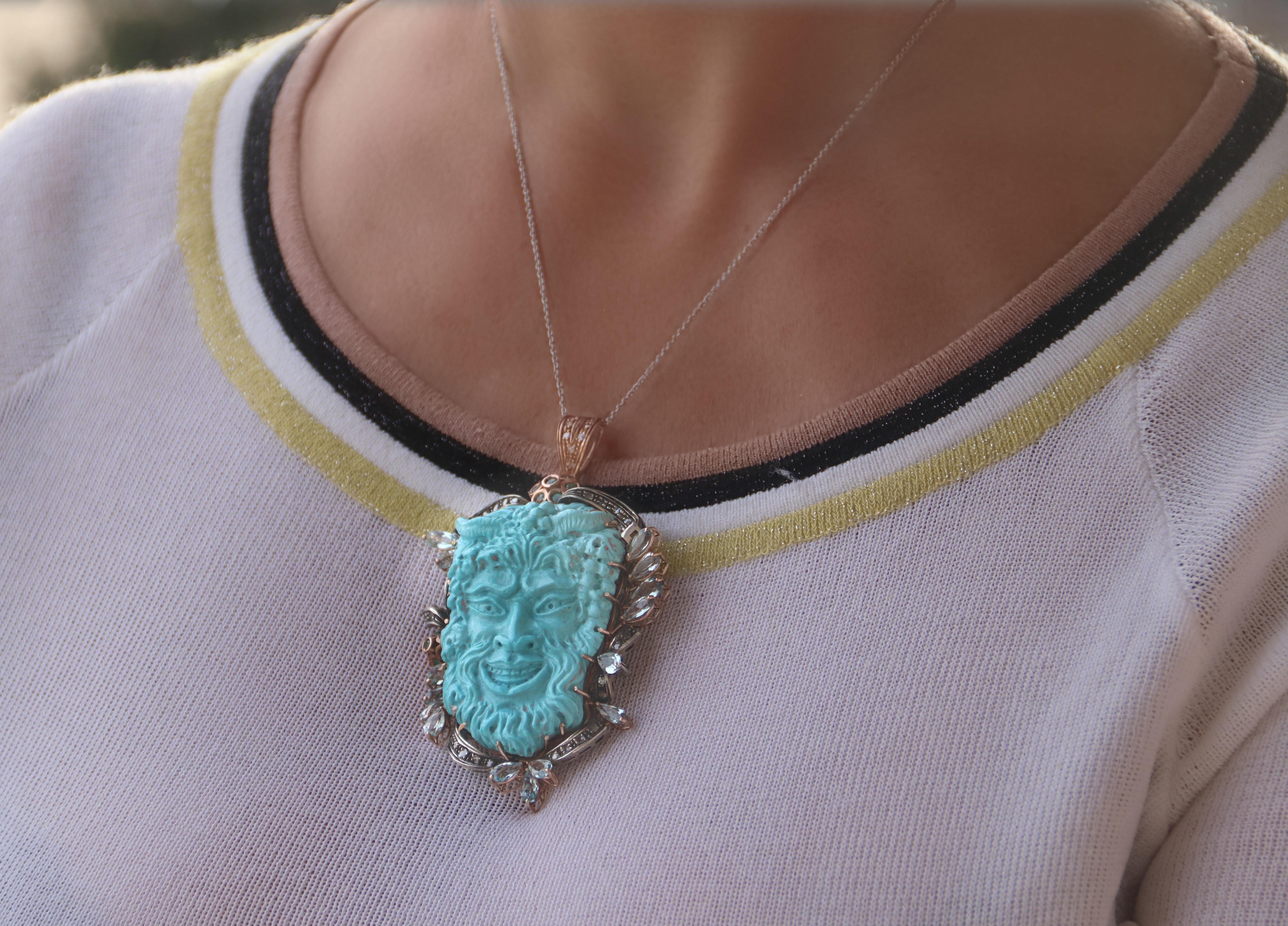 Turquoise Diamonds Aquamarine 14 Karat Yellow Gold Pendant Necklace and Brooch For Sale 4
