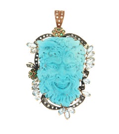 Turquoise Diamonds Aquamarine 14 Karat Yellow Gold Pendant and Brooch