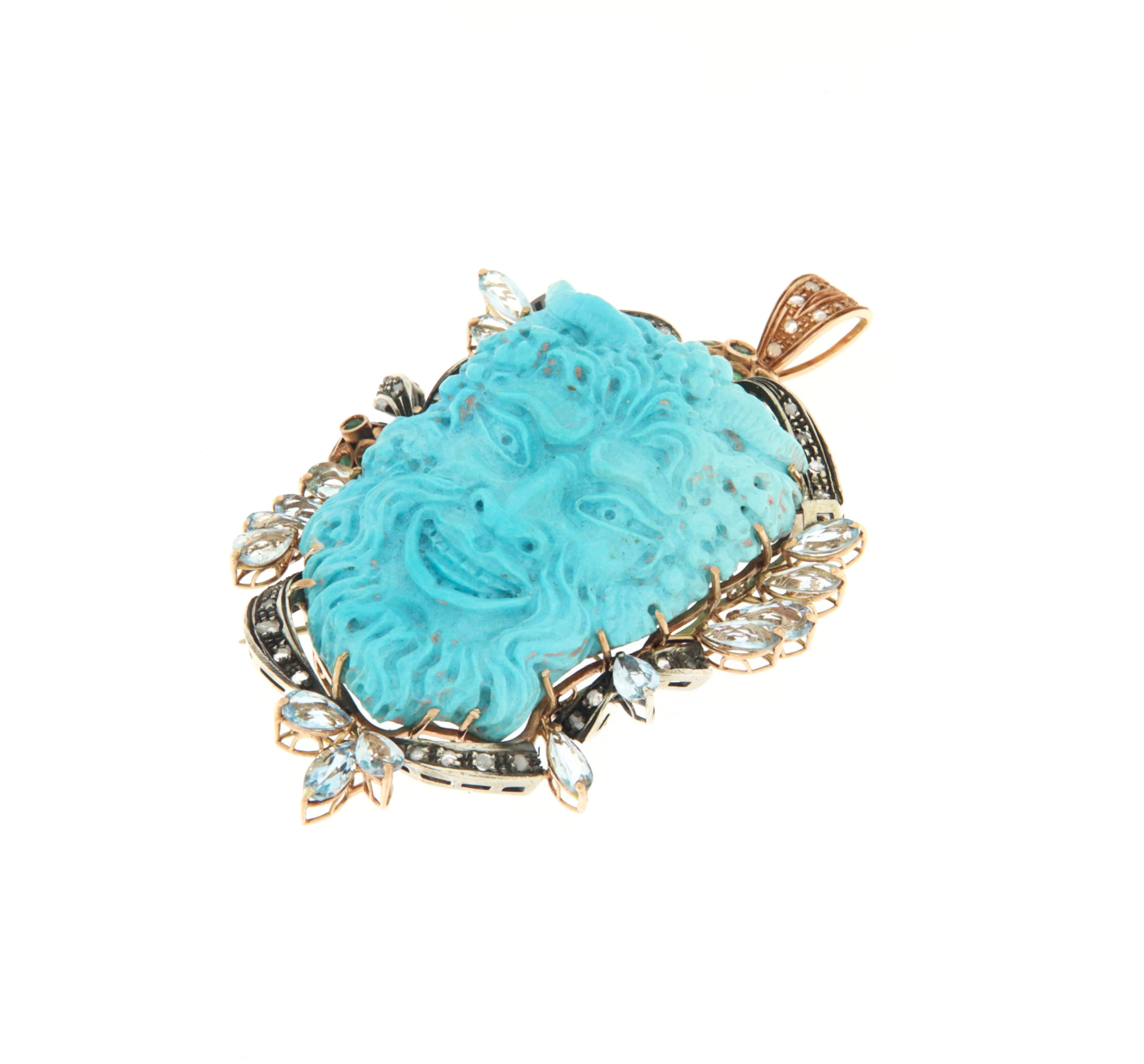 Artisan Turquoise Diamonds Aquamarine 14 Karat Yellow Gold Pendant Necklace and Brooch For Sale