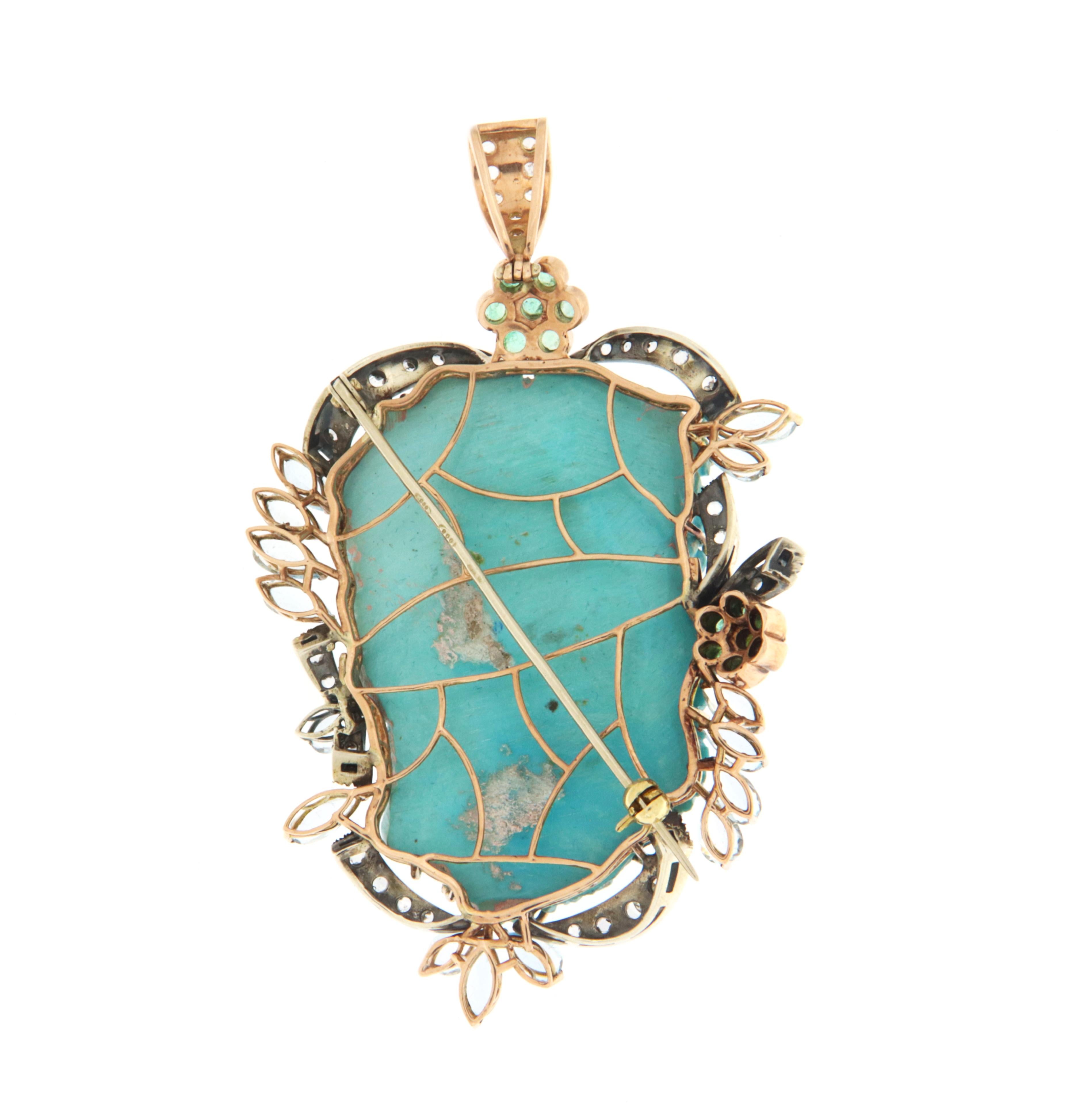 Uncut Turquoise Diamonds Aquamarine 14 Karat Yellow Gold Pendant Necklace and Brooch For Sale