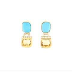Pendants d'oreilles en or jaune 18 carats Turquoise Diamants Citrine