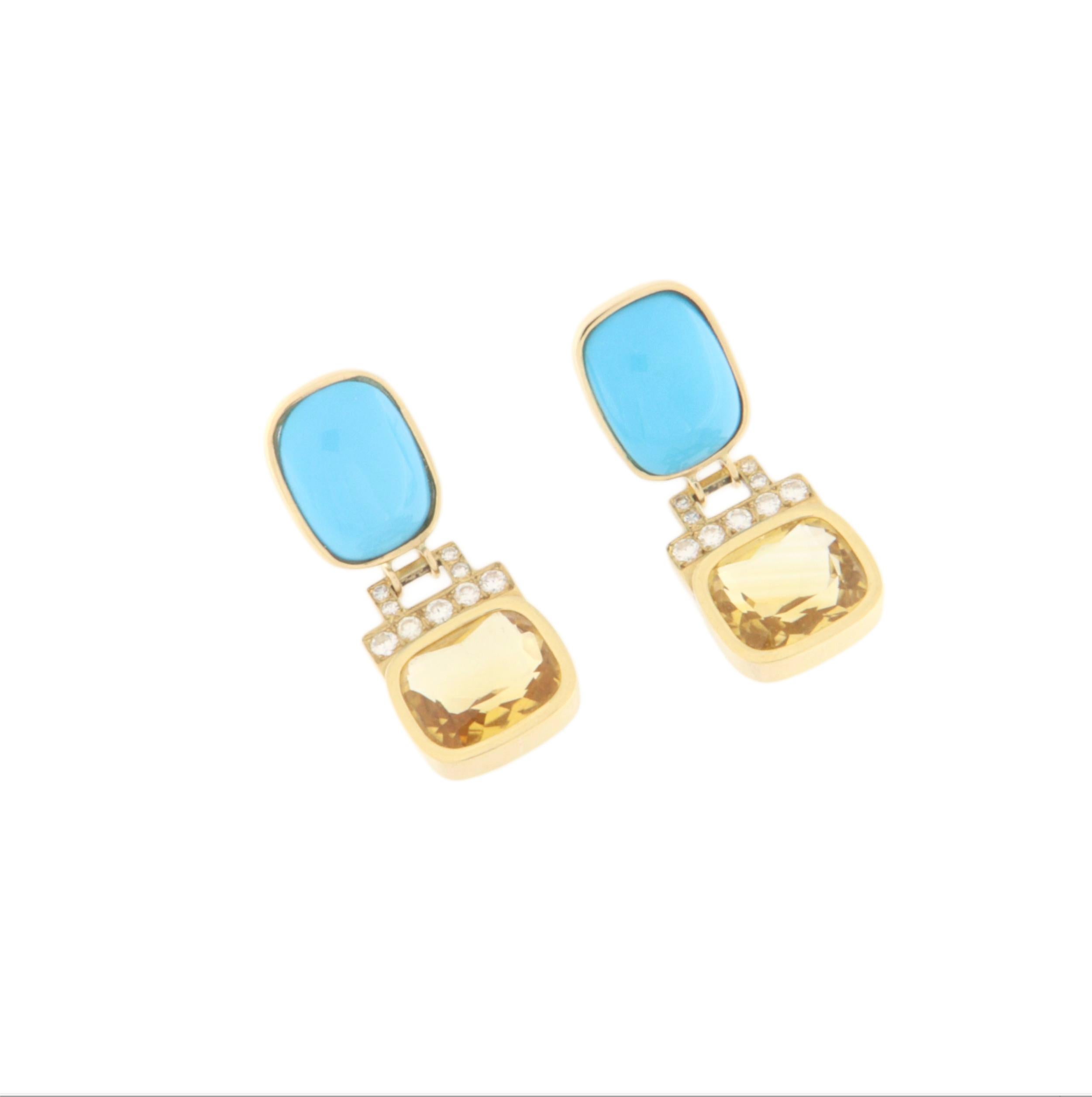 Pendientes Gota Turquesa Diamantes Citrino Oro Amarillo 18 Kilates Artesano en venta