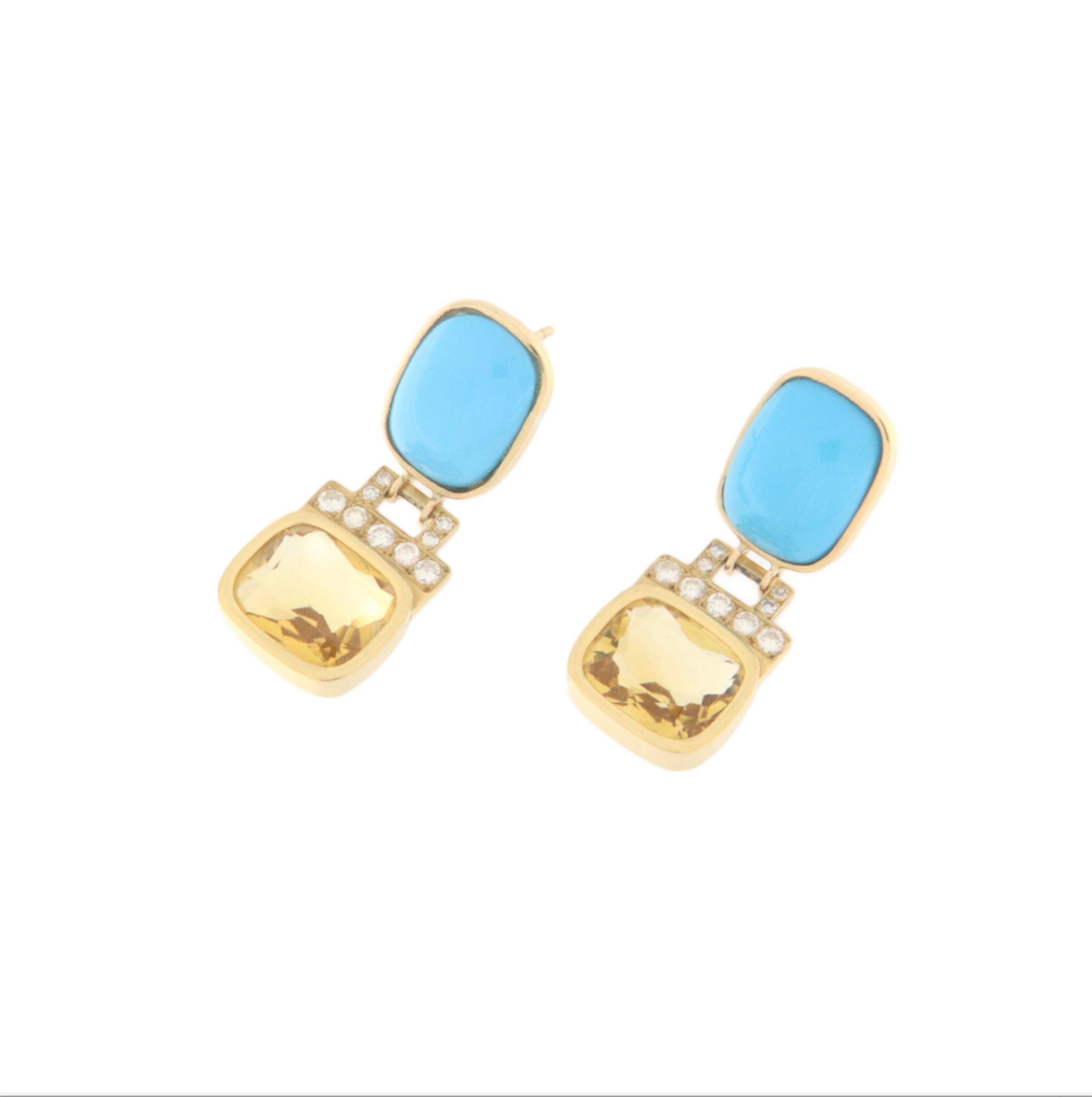 Pendientes Gota Turquesa Diamantes Citrino Oro Amarillo 18 Kilates Corte brillante en venta