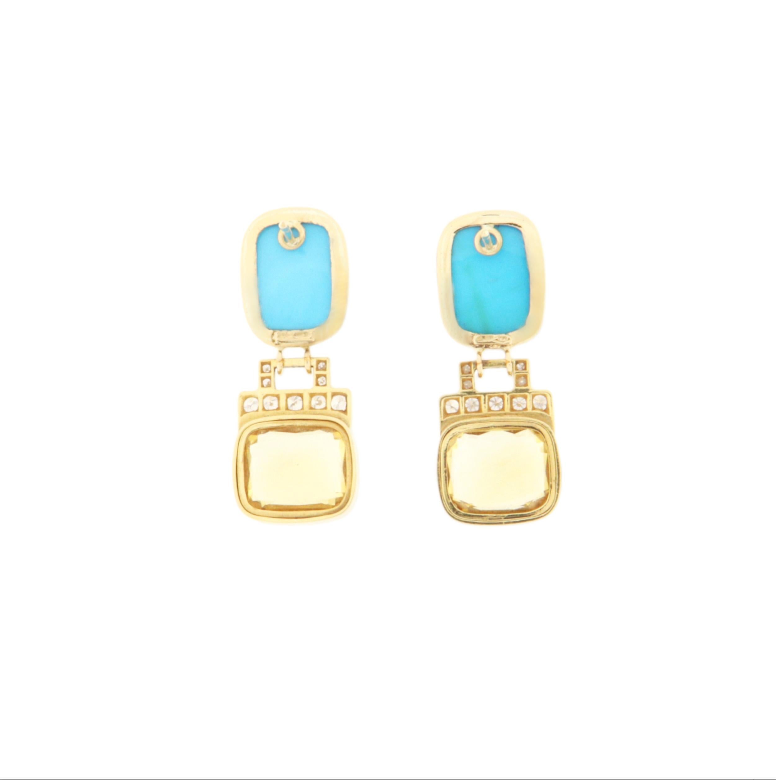 Pendientes Gota Turquesa Diamantes Citrino Oro Amarillo 18 Kilates en Nuevo estado para la venta en Marcianise, IT