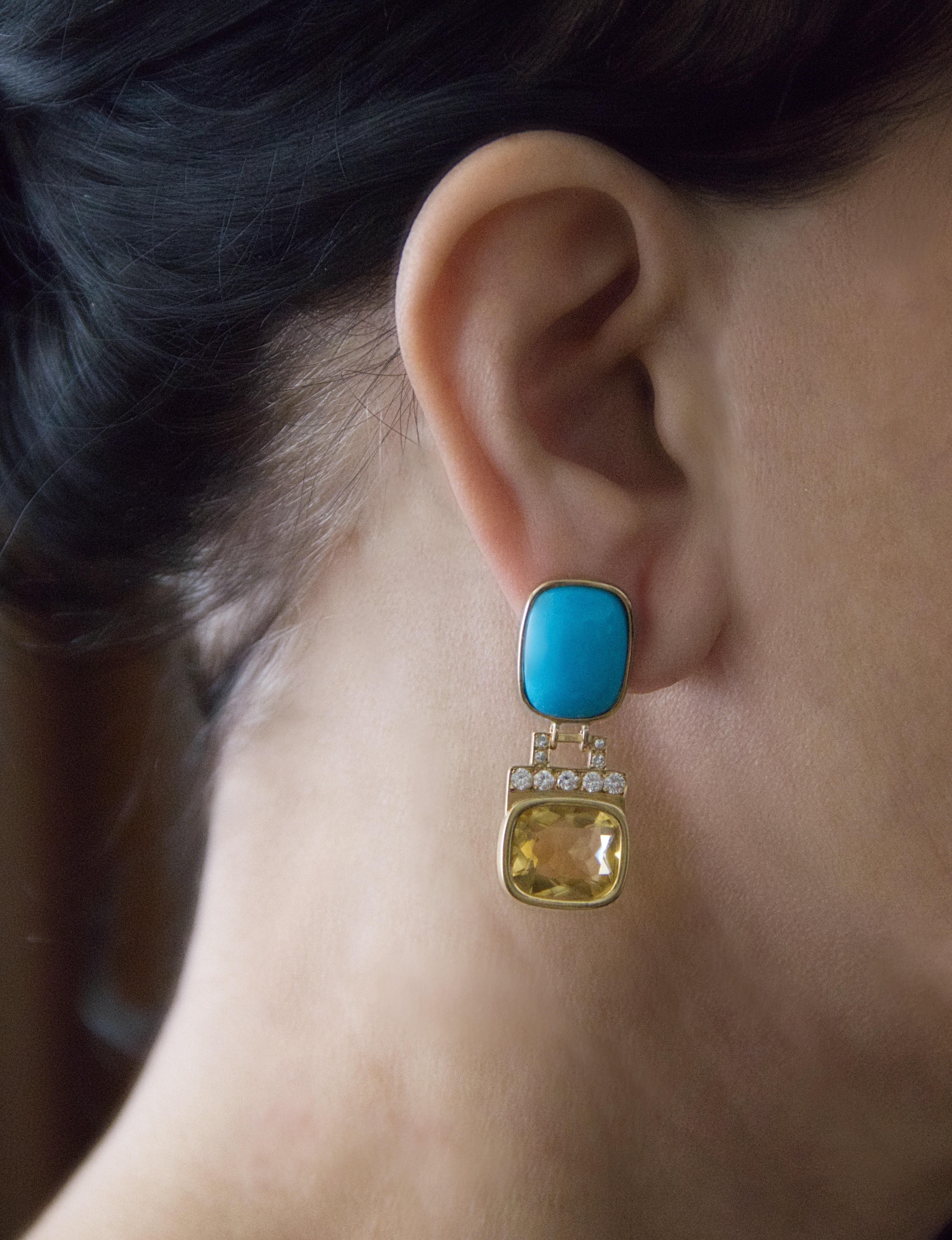 Pendientes Gota Turquesa Diamantes Citrino Oro Amarillo 18 Kilates en venta 1