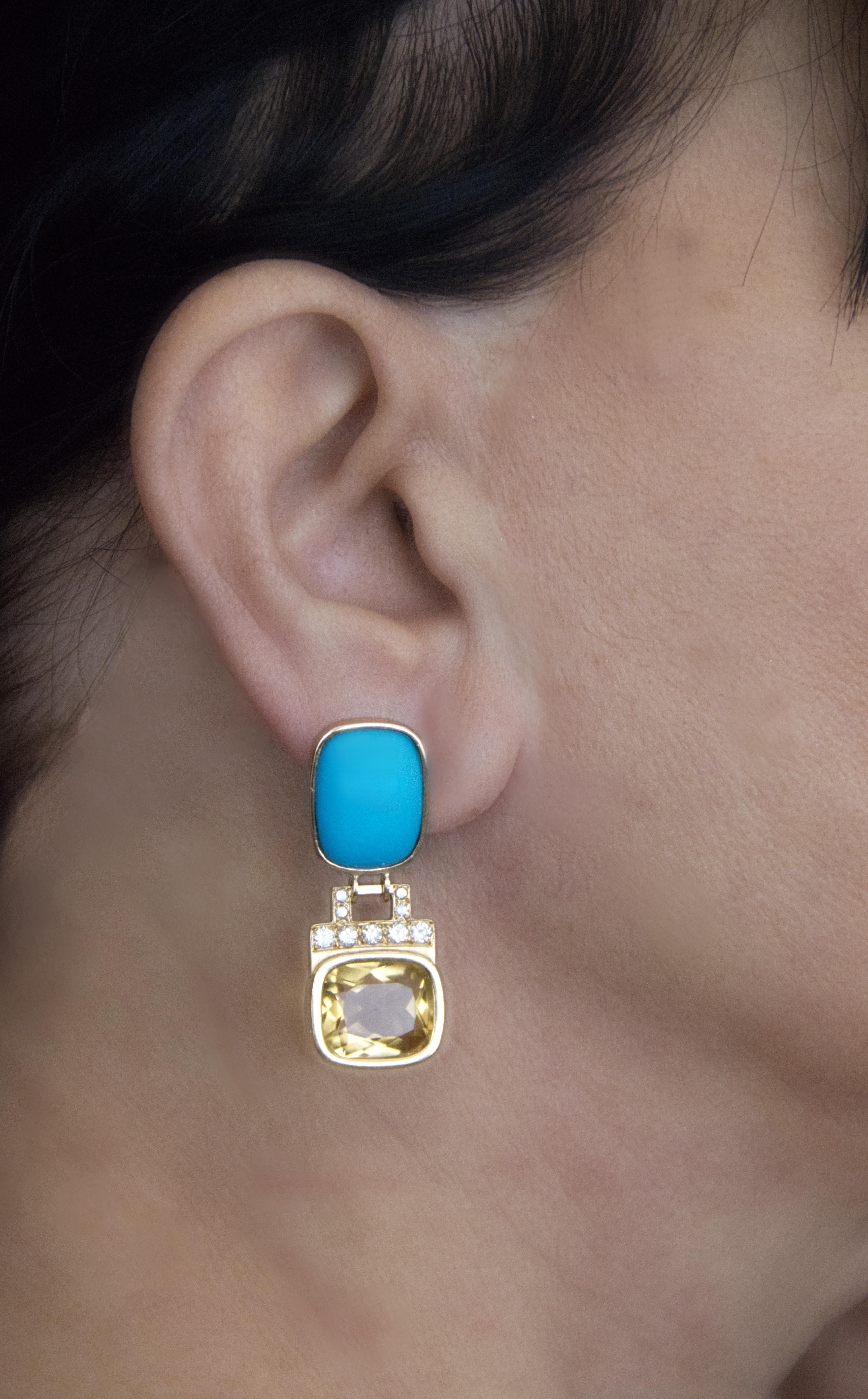 Pendientes Gota Turquesa Diamantes Citrino Oro Amarillo 18 Kilates en venta 2