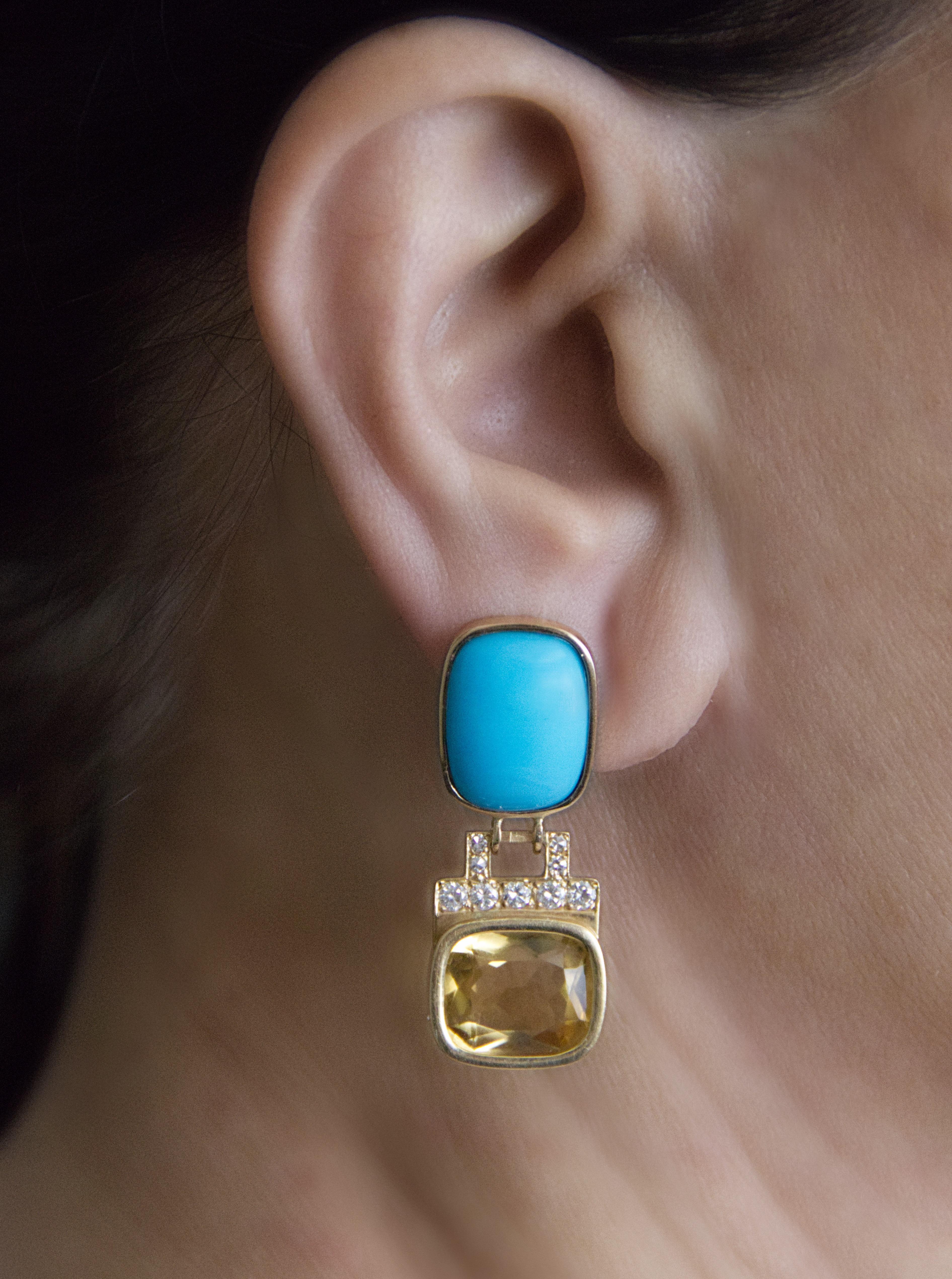 Pendientes Gota Turquesa Diamantes Citrino Oro Amarillo 18 Kilates en venta 3