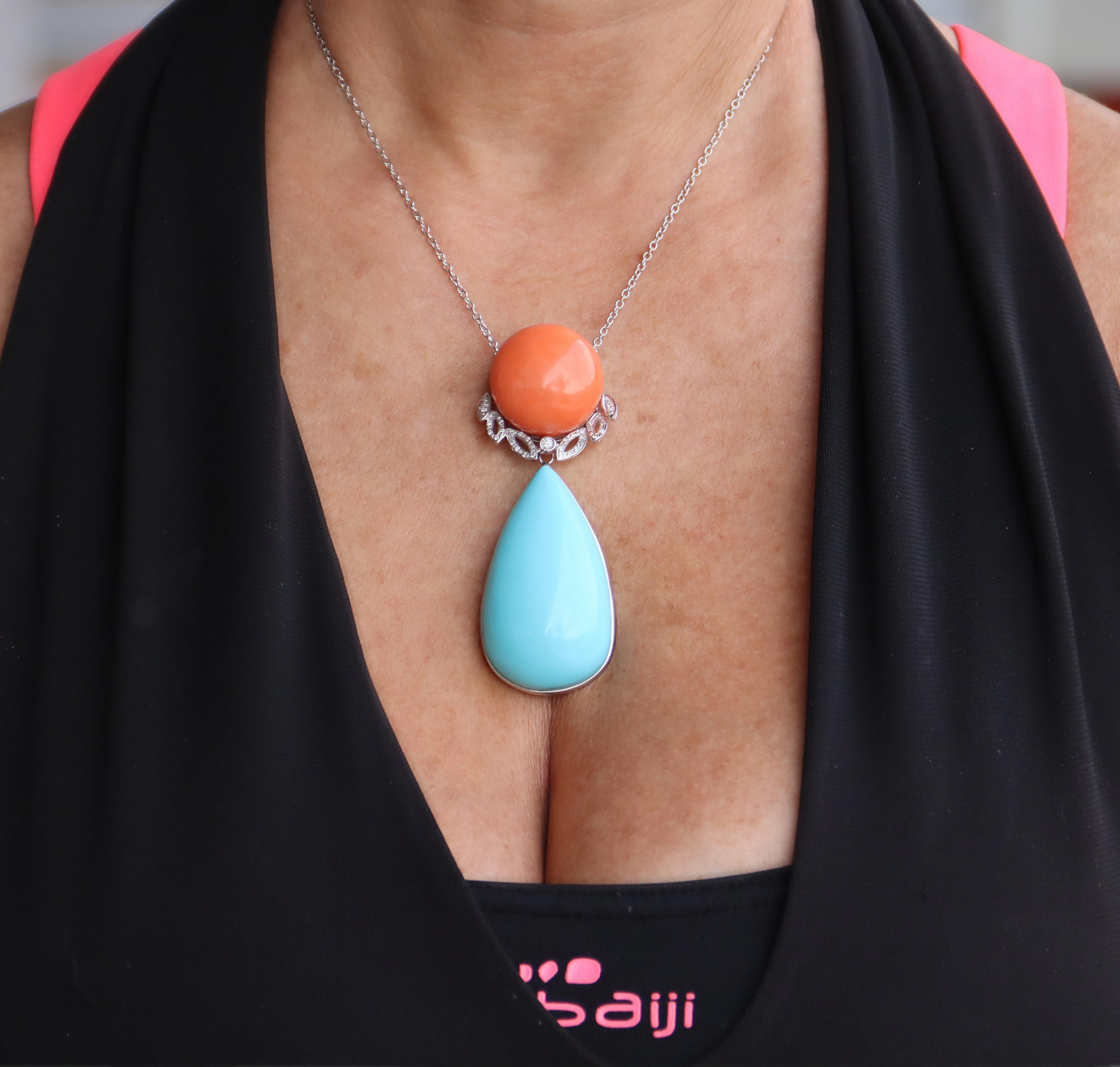 Turquoise Diamonds Coral 18 Karat White Gold Pendant Necklace For Sale 4
