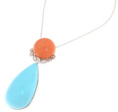 Collar Colgante Turquesa Diamantes Coral Oro Blanco 18 Kilates