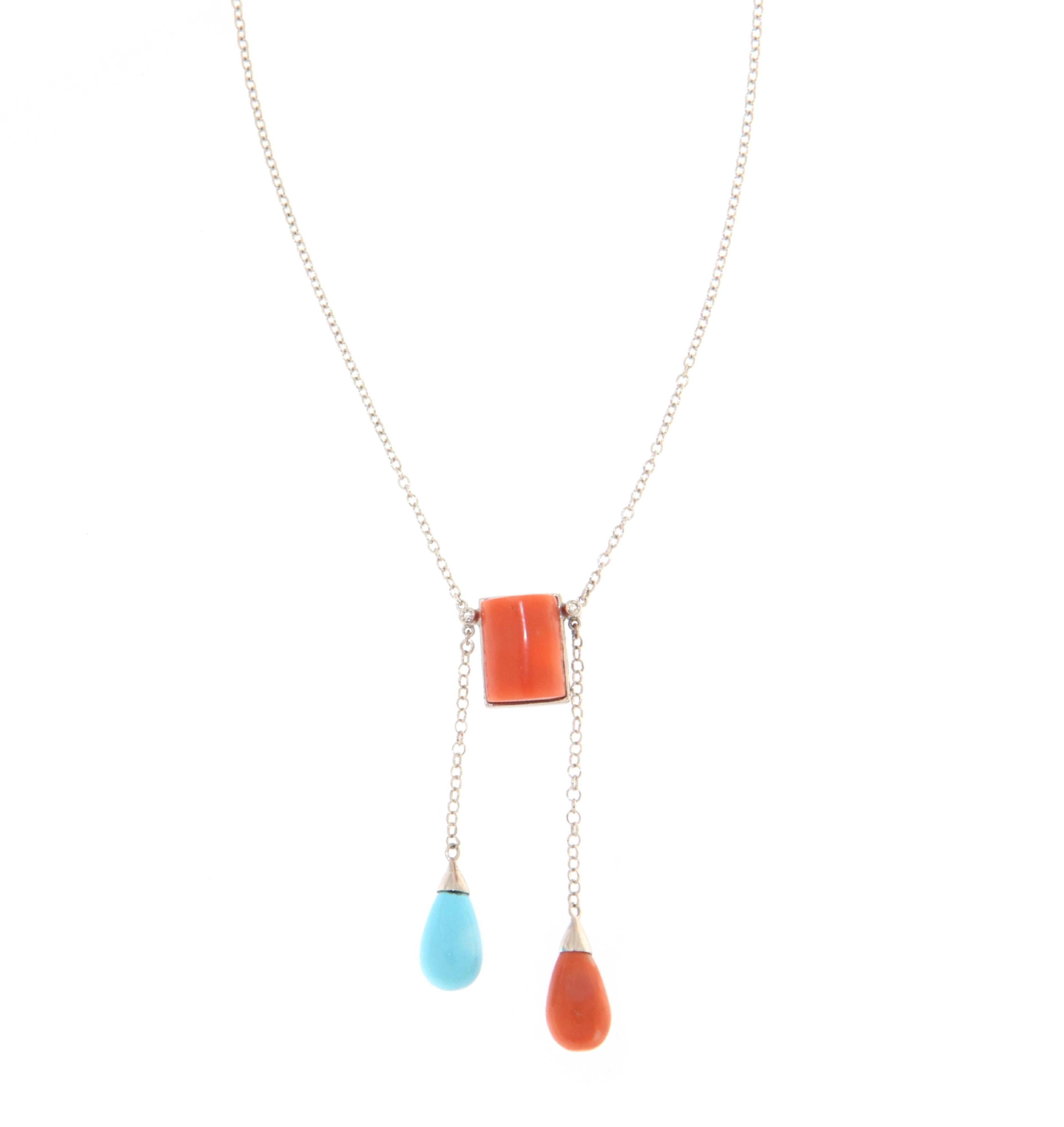 Artisan Turquoise Diamonds Coral 18 Karat White Gold Pendant Necklace For Sale