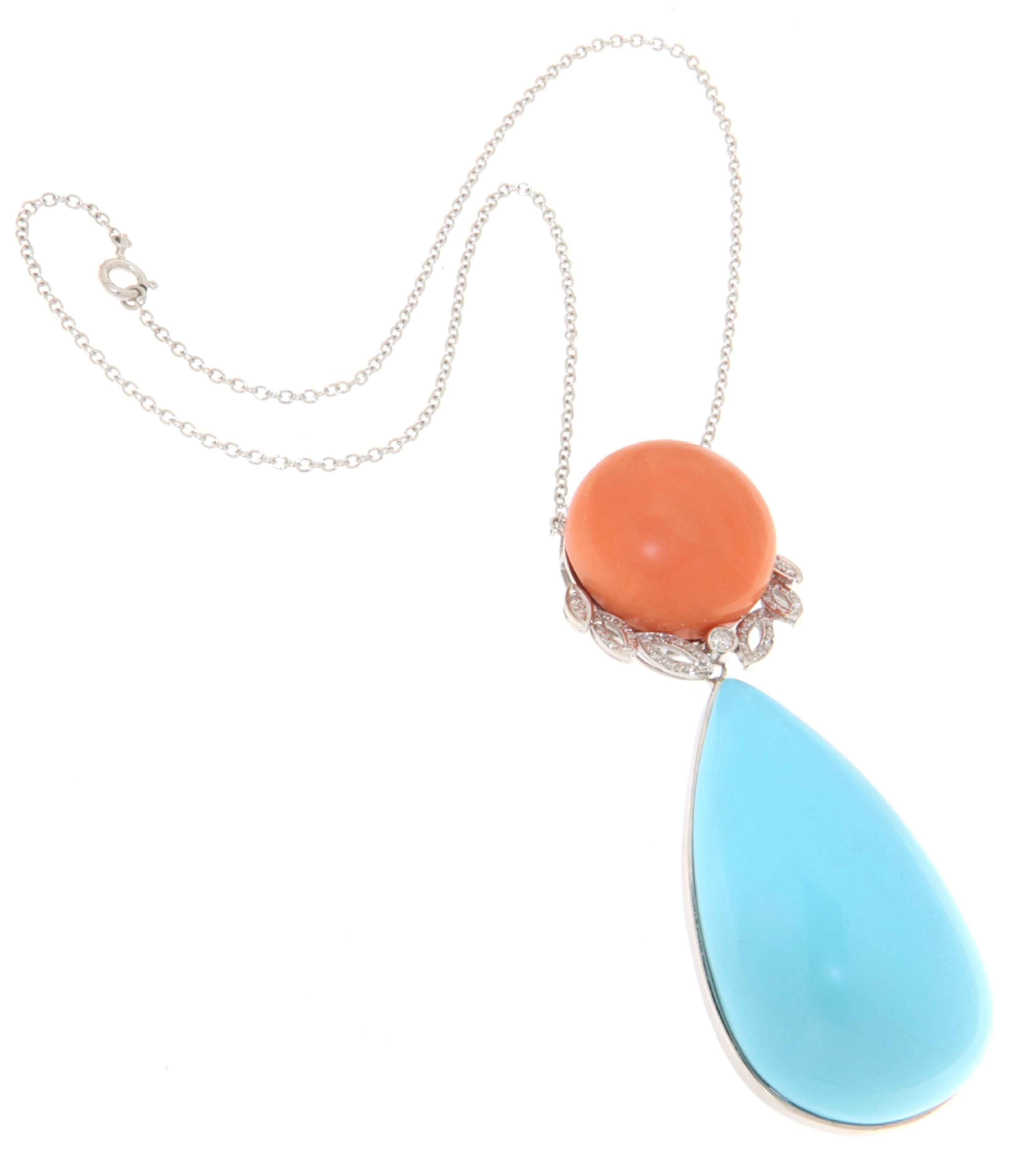 Artisan Turquoise Diamonds Coral 18 Karat White Gold Pendant Necklace For Sale