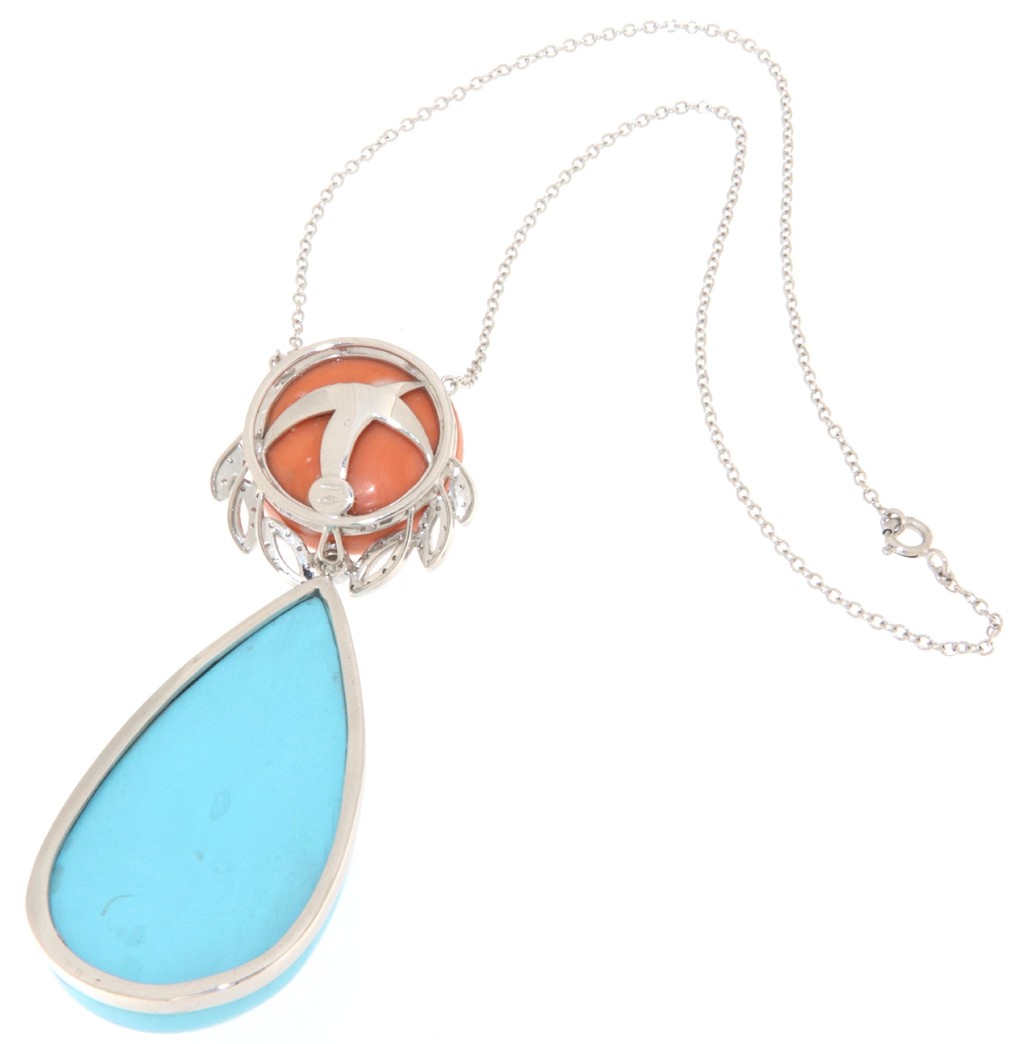 Brilliant Cut Turquoise Diamonds Coral 18 Karat White Gold Pendant Necklace For Sale