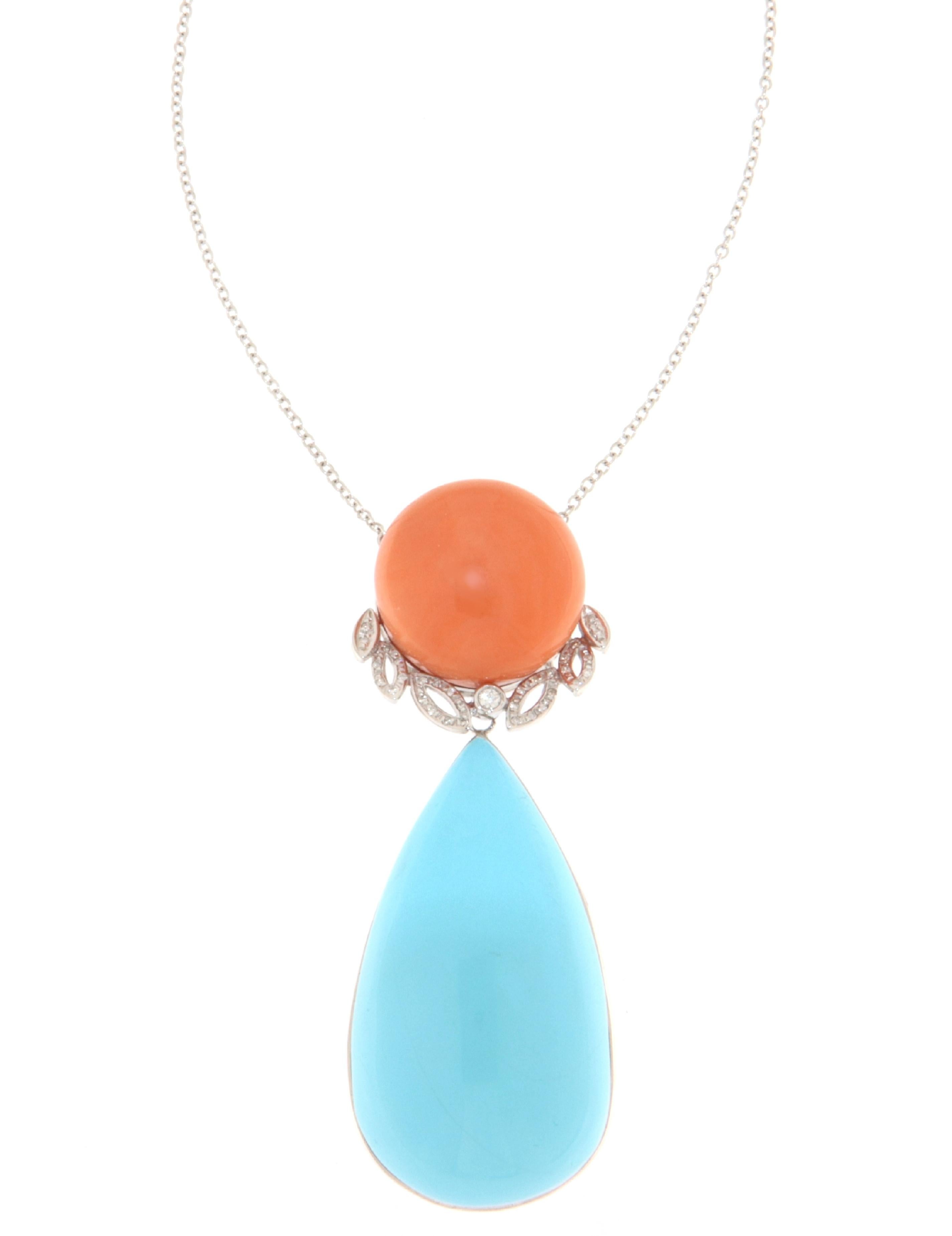 Turquoise Diamonds Coral 18 Karat White Gold Pendant Necklace In New Condition For Sale In Marcianise, IT
