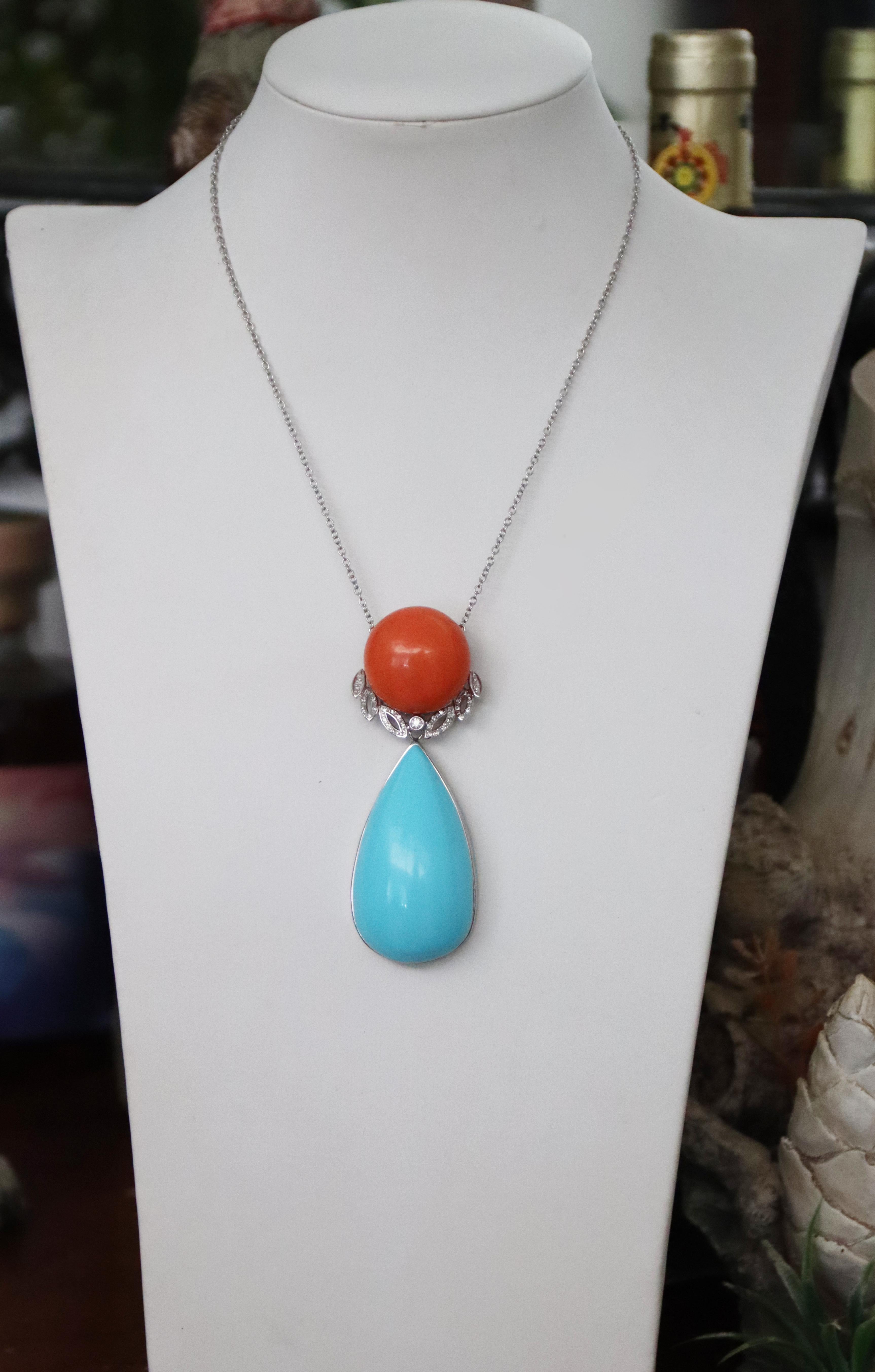 Turquoise Diamonds Coral 18 Karat White Gold Pendant Necklace For Sale 1