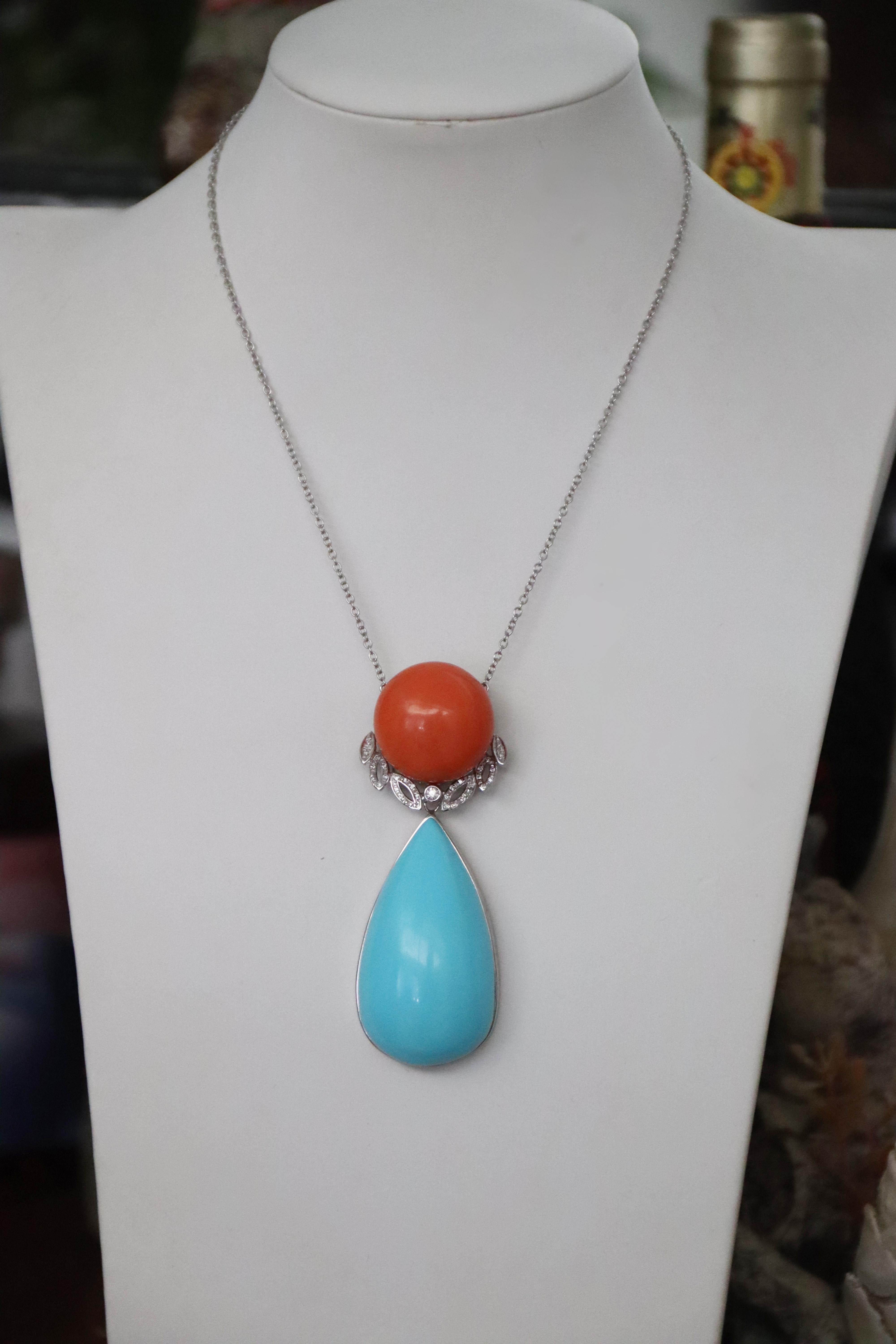 Turquoise Diamonds Coral 18 Karat White Gold Pendant Necklace For Sale 2