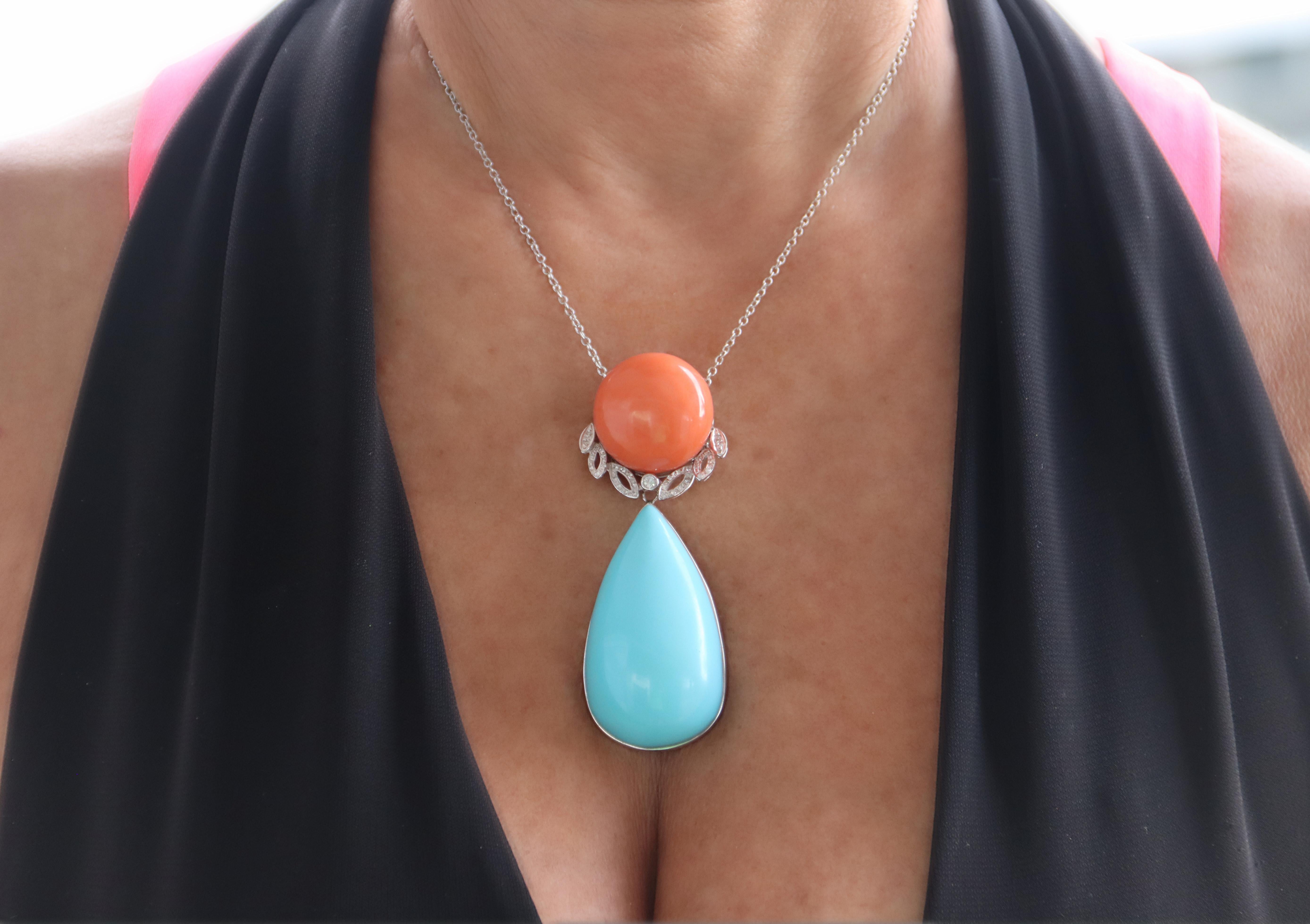Turquoise Diamonds Coral 18 Karat White Gold Pendant Necklace For Sale 3