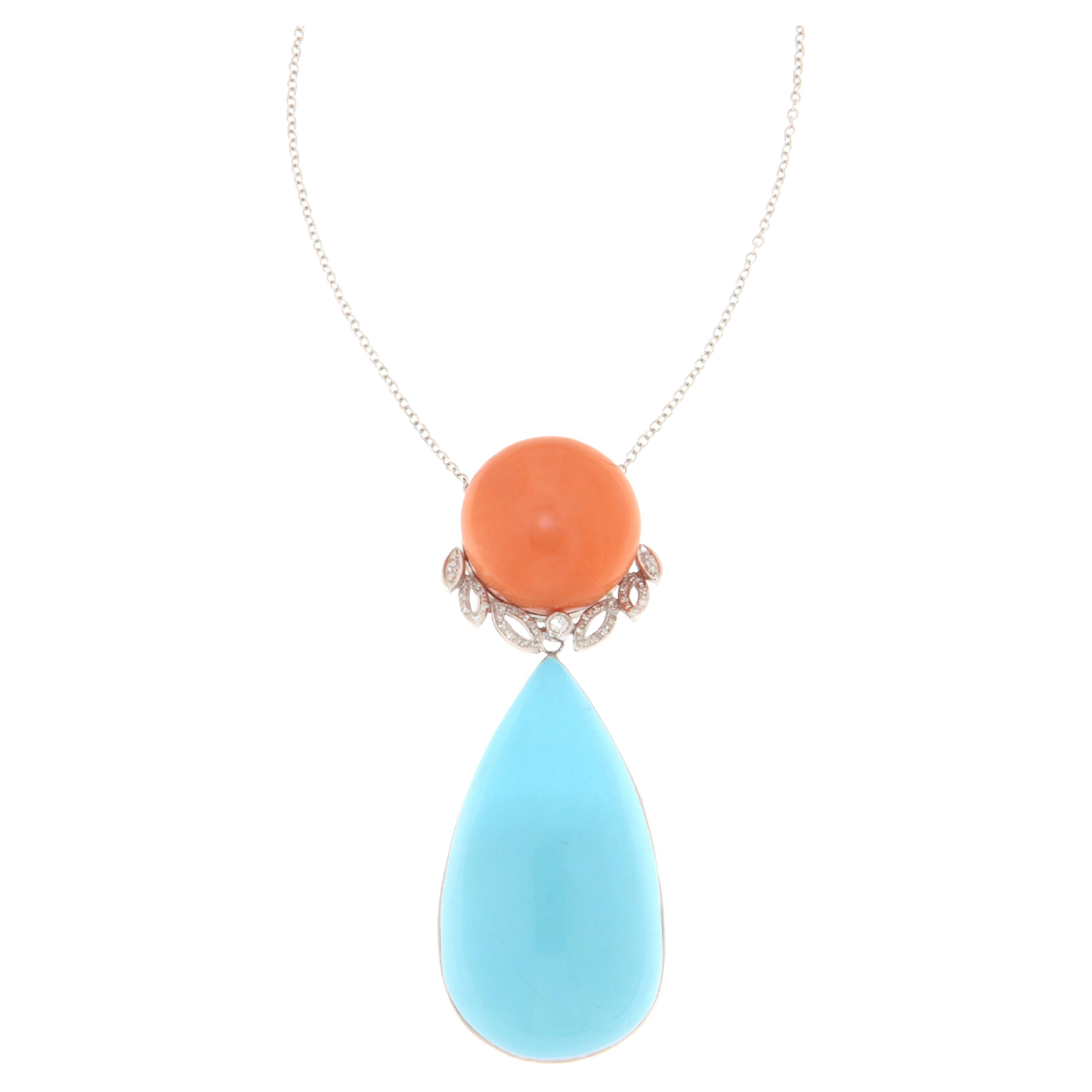 Turquoise Diamonds Coral 18 Karat White Gold Pendant Necklace