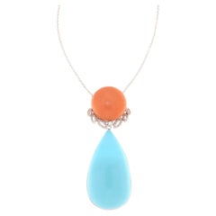 Turquoise Diamonds Coral 18 Karat White Gold Pendant Necklace