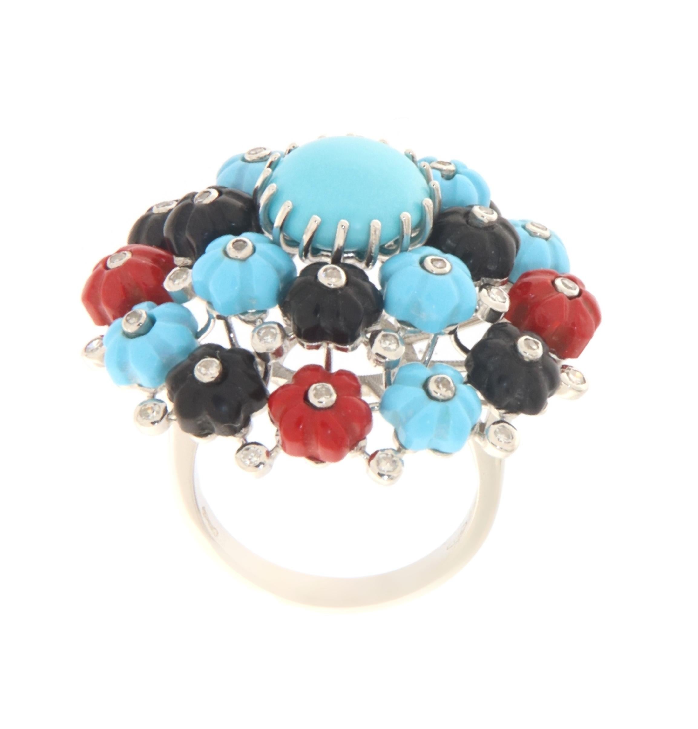 Artisan Turquoise Diamonds Coral Onyx 18 Karat White Gold Cocktail Ring For Sale